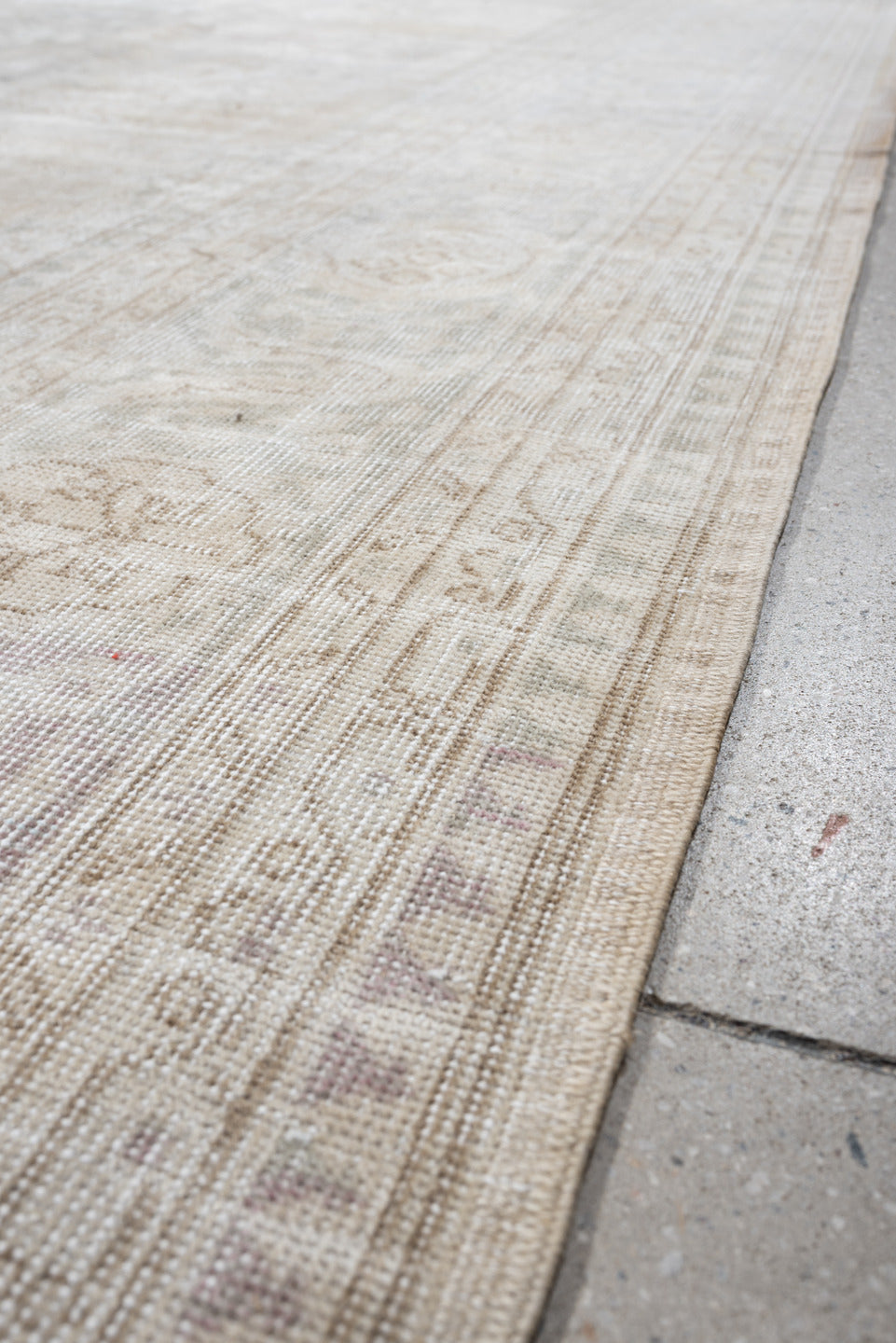 8' x 12' one-of-a-kind handmade vintage Sparta large size rug. Color palette: ivory, taupe, powder blue, cream, pale gray