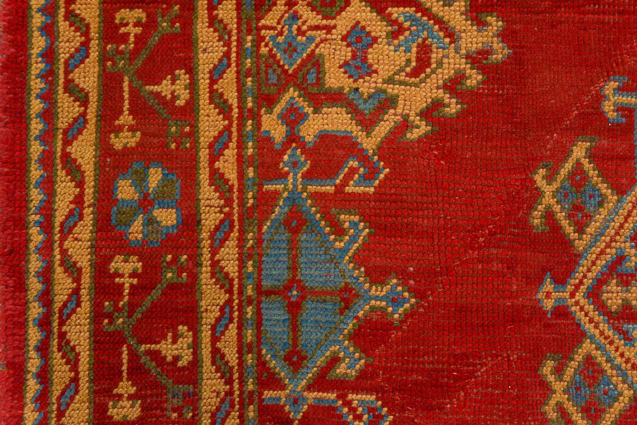 6' x 11' one-of-a-kind handmade antique Oushak large size rug. Color palette: red, ivory, soft blue, camel, rust, slate