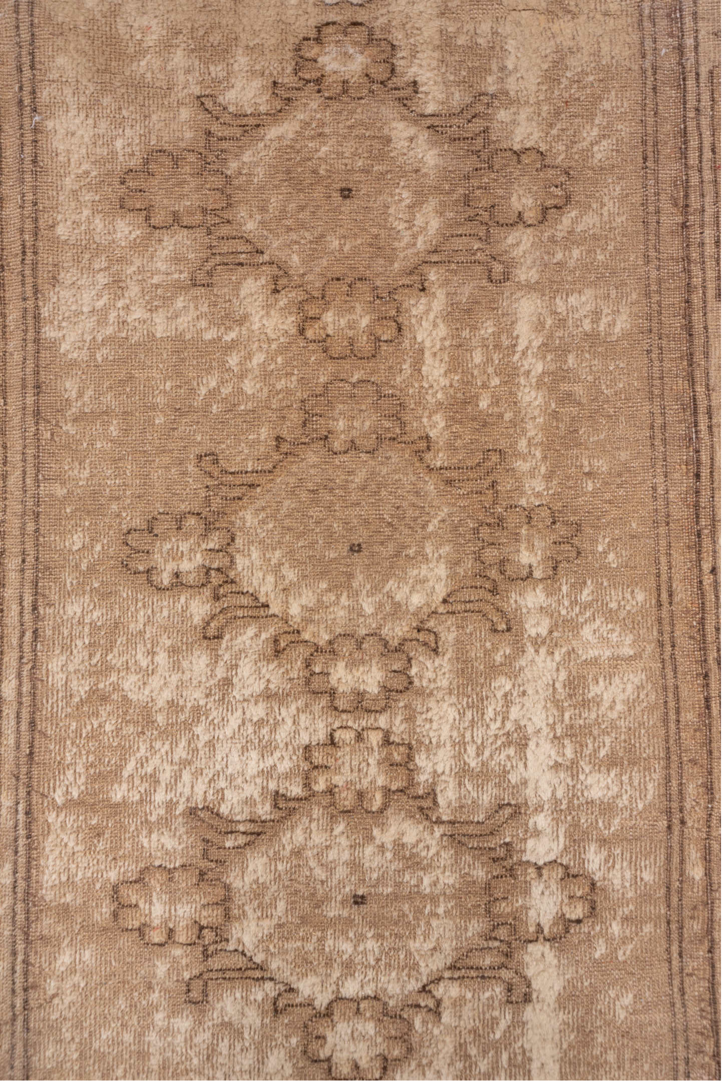6' x 10' one-of-a-kind handmade vintage Oushak large size rug. Color palette: taupe, beige, camel, ivory, sand, brown, gray