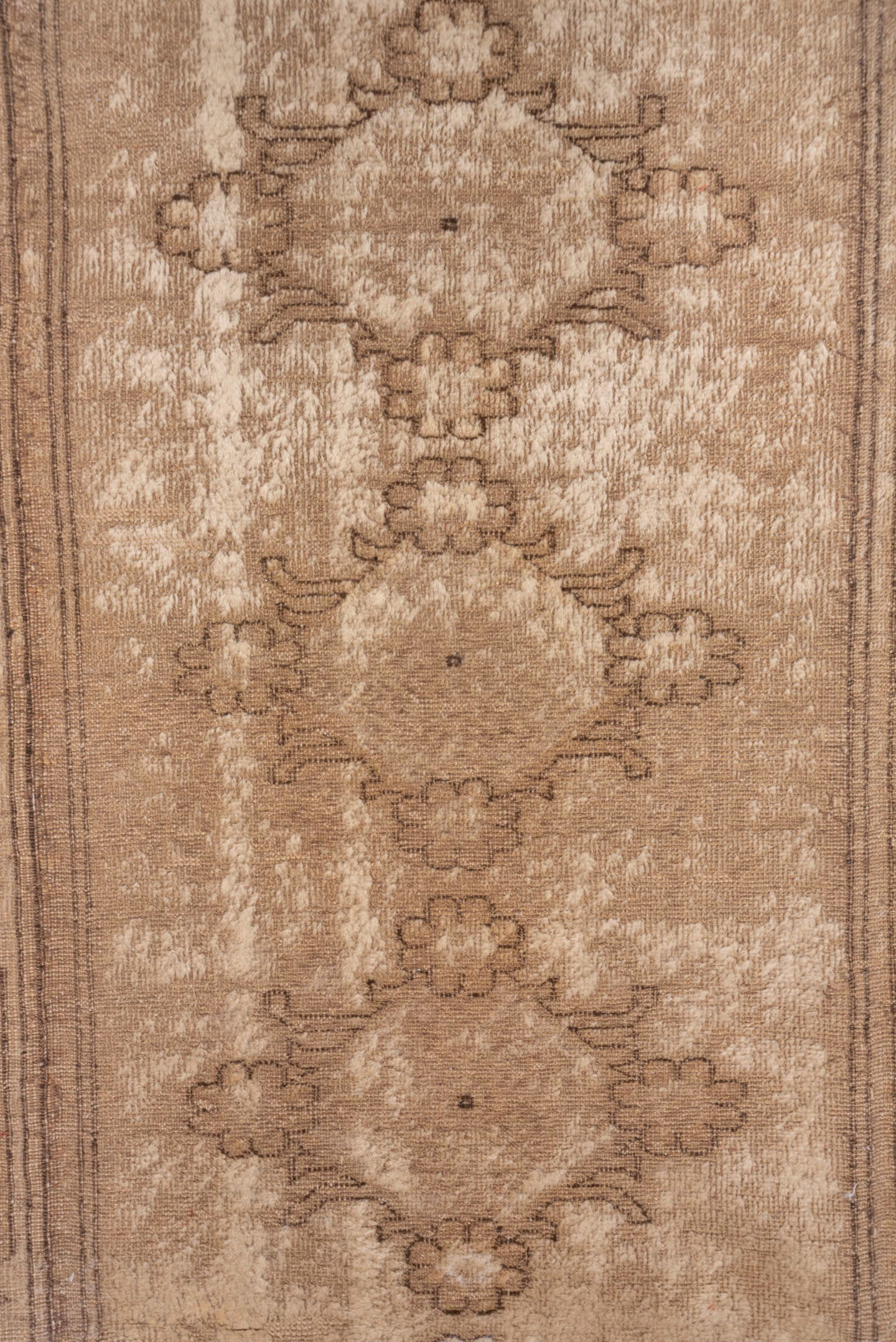 6' x 10' one-of-a-kind handmade vintage Oushak large size rug. Color palette: taupe, beige, camel, ivory, sand, brown, gray