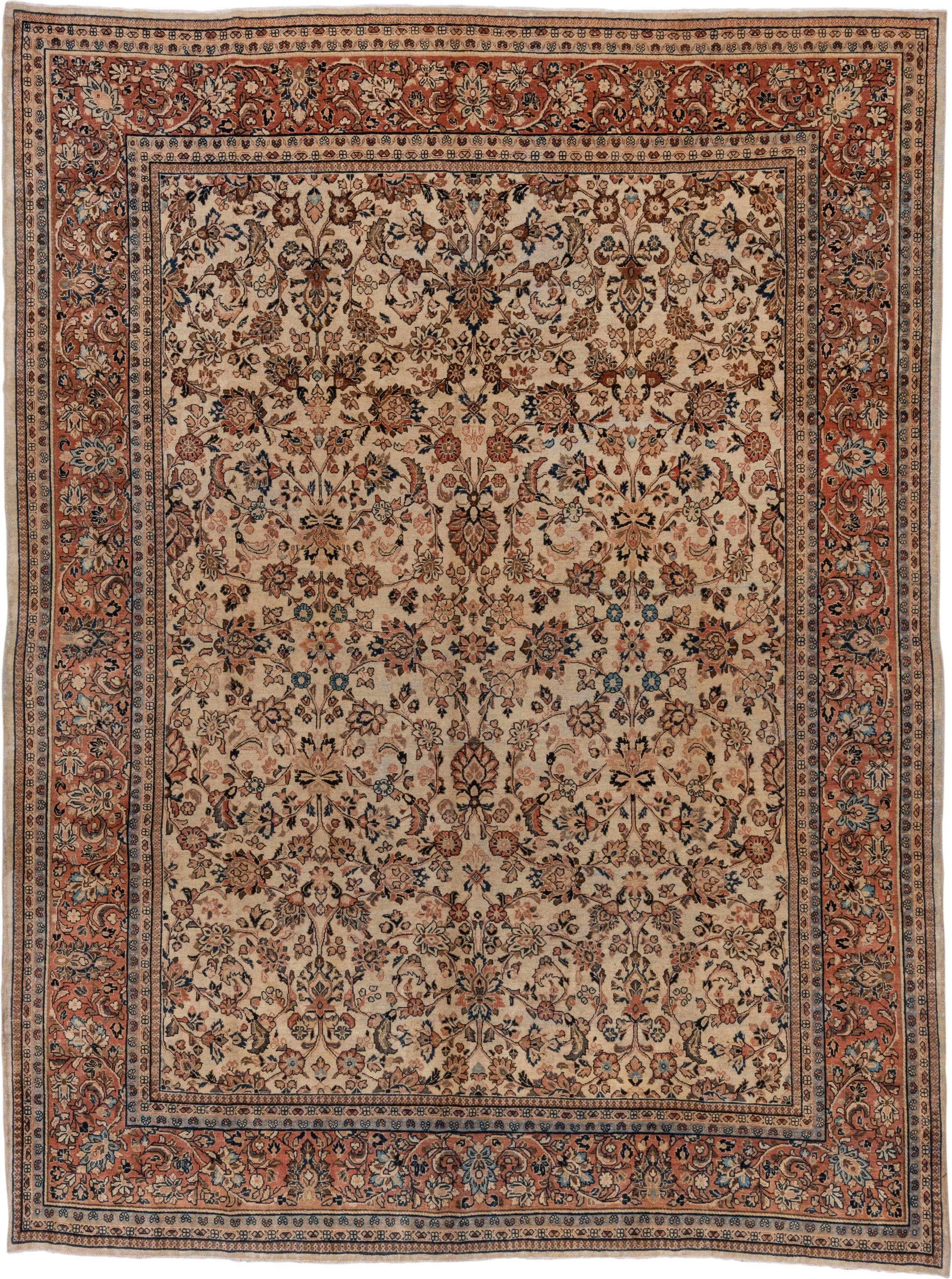 8' x 11' one-of-a-kind handmade antique Sarouk large size rug. Color palette: ivory, rust, navy, soft blue, camel, taupe