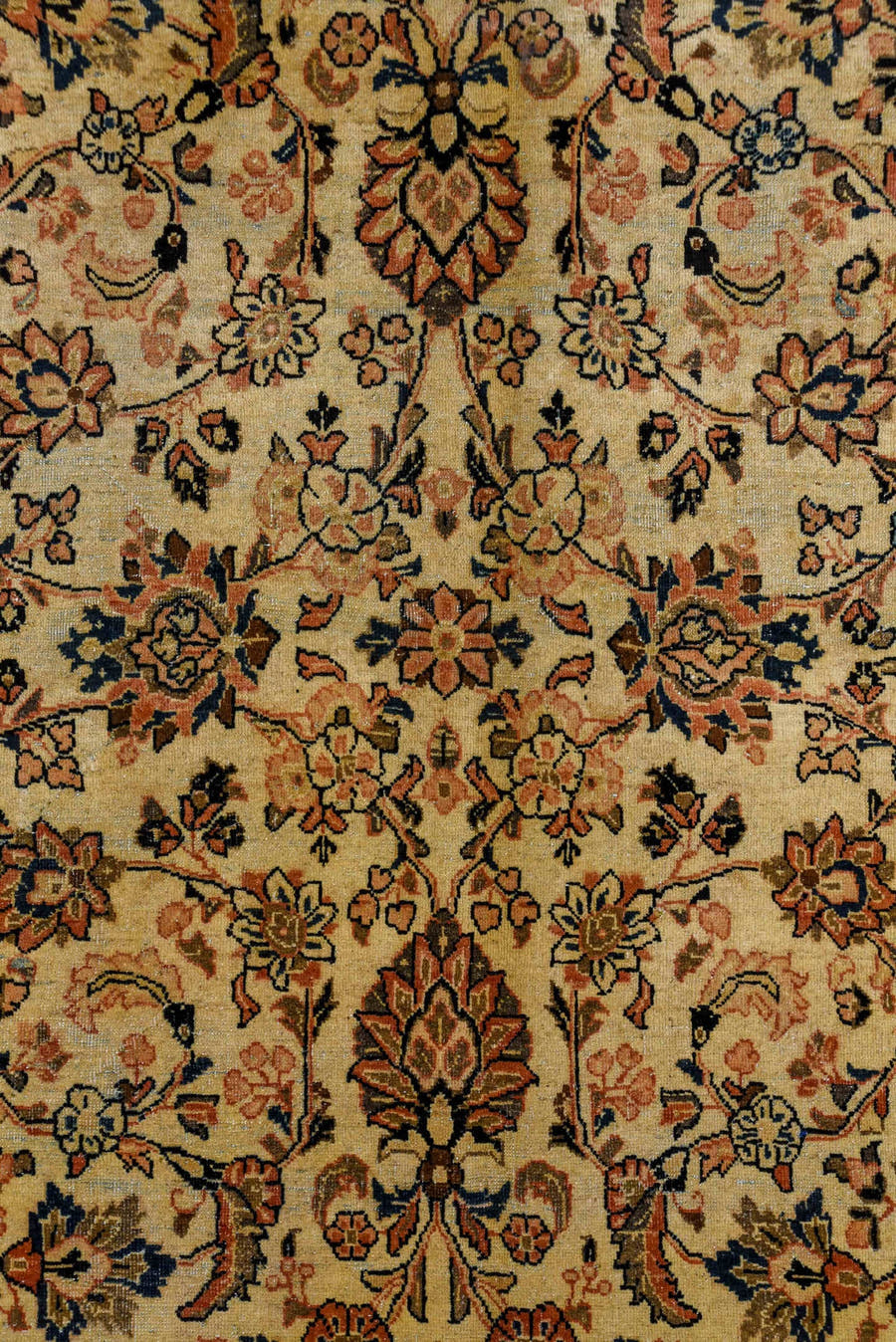 8' x 11' one-of-a-kind handmade antique Sarouk large size rug. Color palette: ivory, rust, navy, soft blue, camel, taupe
