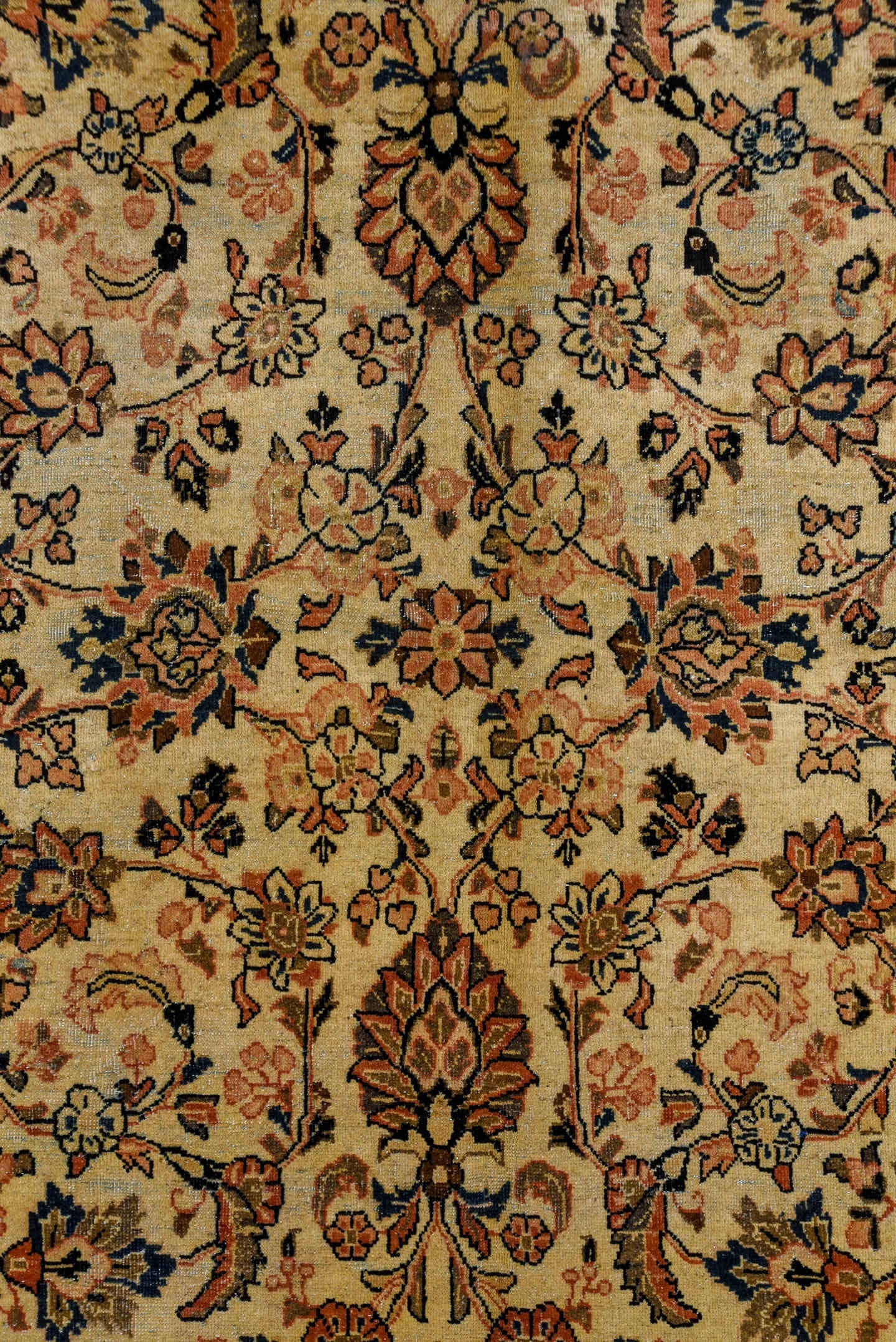 8' x 11' one-of-a-kind handmade antique Sarouk large size rug. Color palette: ivory, rust, navy, soft blue, camel, taupe