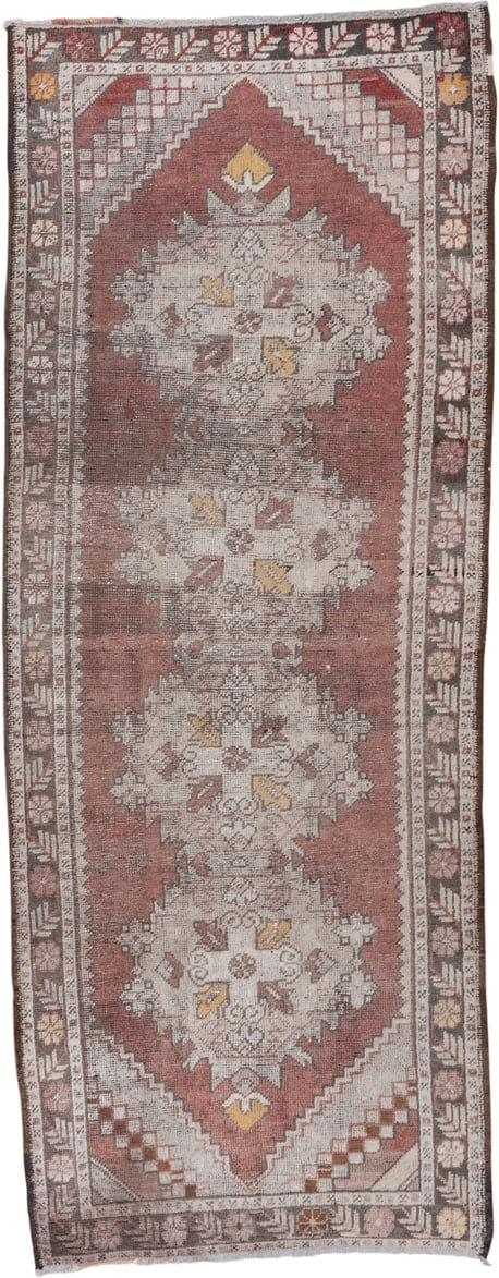 3' x 9' one-of-a-kind handmade vintage Oushak runner rug. Color palette: terra cotta, ivory, taupe, charcoal, gold, rose