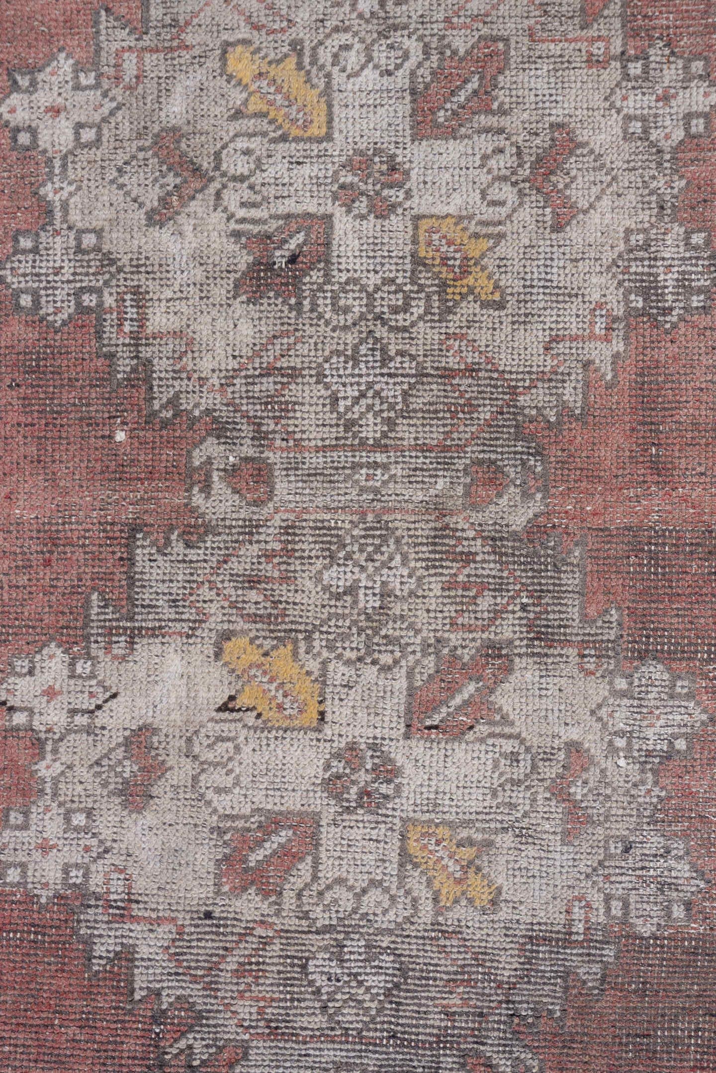 3' x 9' one-of-a-kind handmade vintage Oushak runner rug. Color palette: terra cotta, ivory, taupe, charcoal, gold, rose