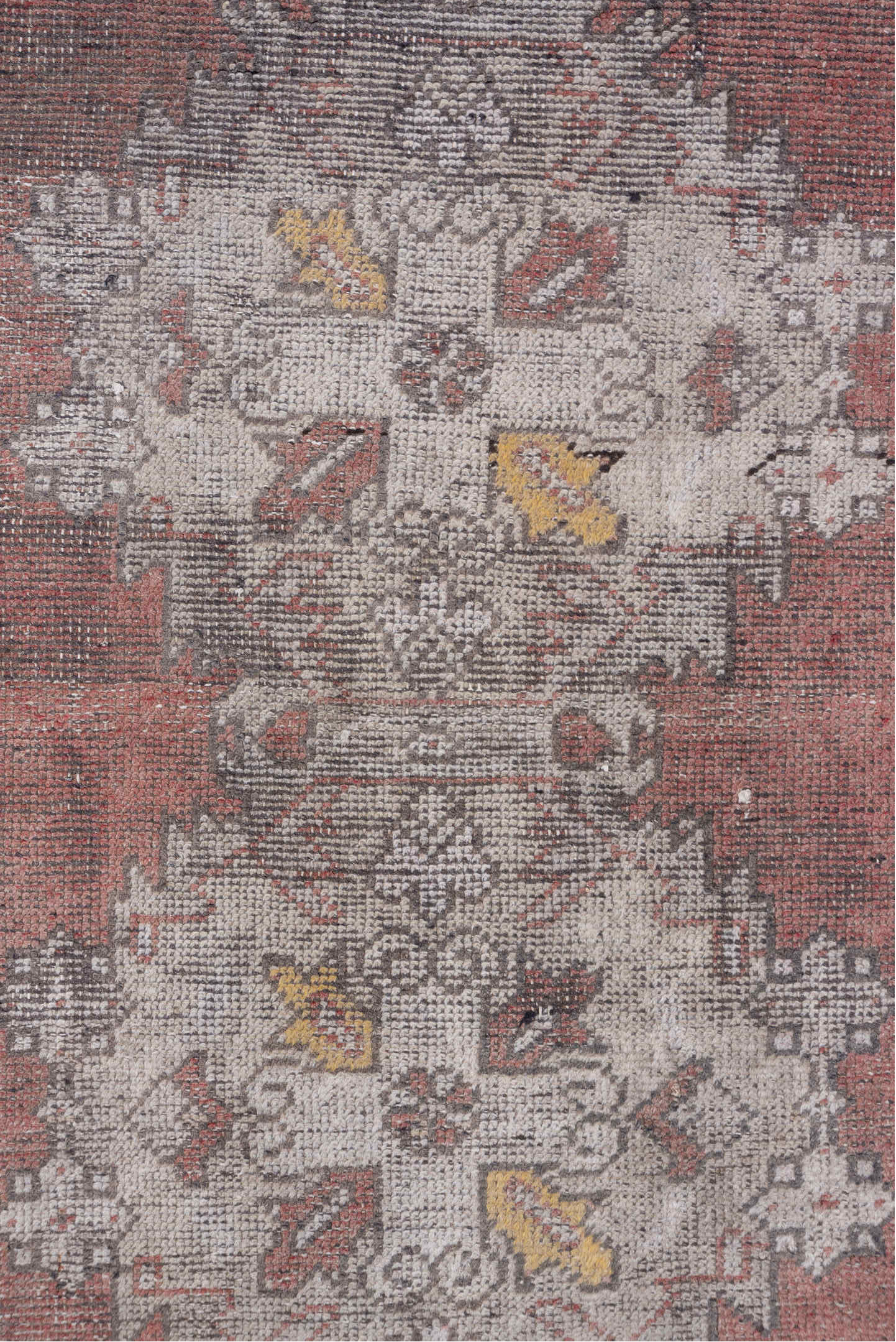 3' x 9' one-of-a-kind handmade vintage Oushak runner rug. Color palette: terra cotta, ivory, taupe, charcoal, gold, rose