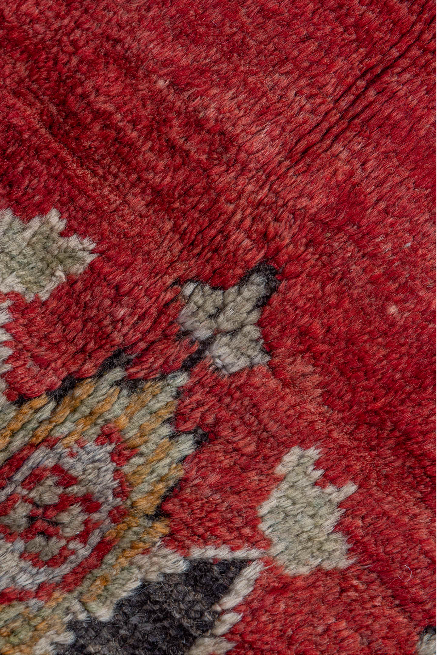 5' x 7' one-of-a-kind handmade vintage Oushak rug. Color palette: red, ivory, charcoal, camel, sky_blue, rose, olive, gray