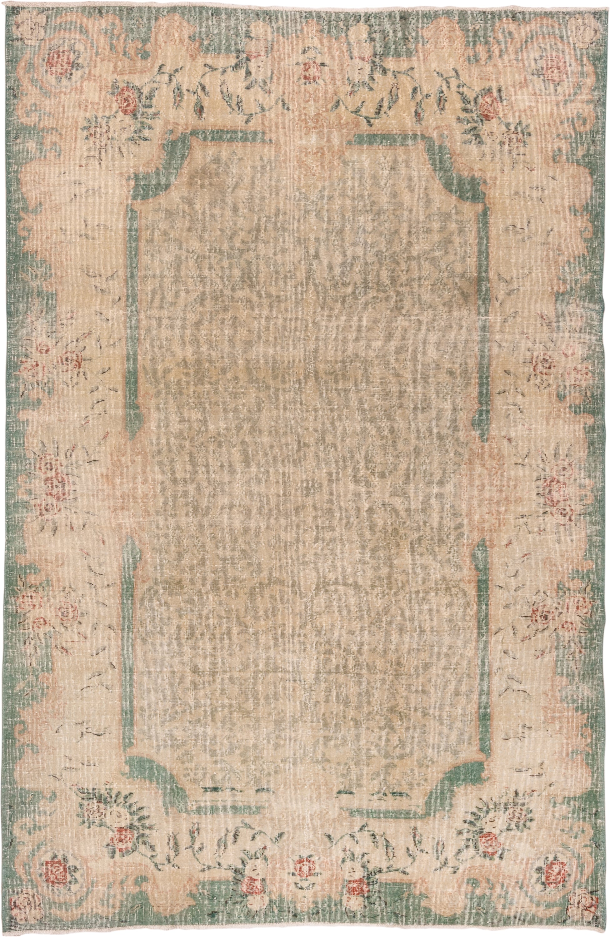 7' x 10' one-of-a-kind handmade vintage Oushak large size rug. Color palette: ivory, sage, blush, beige, coral, taupe, green