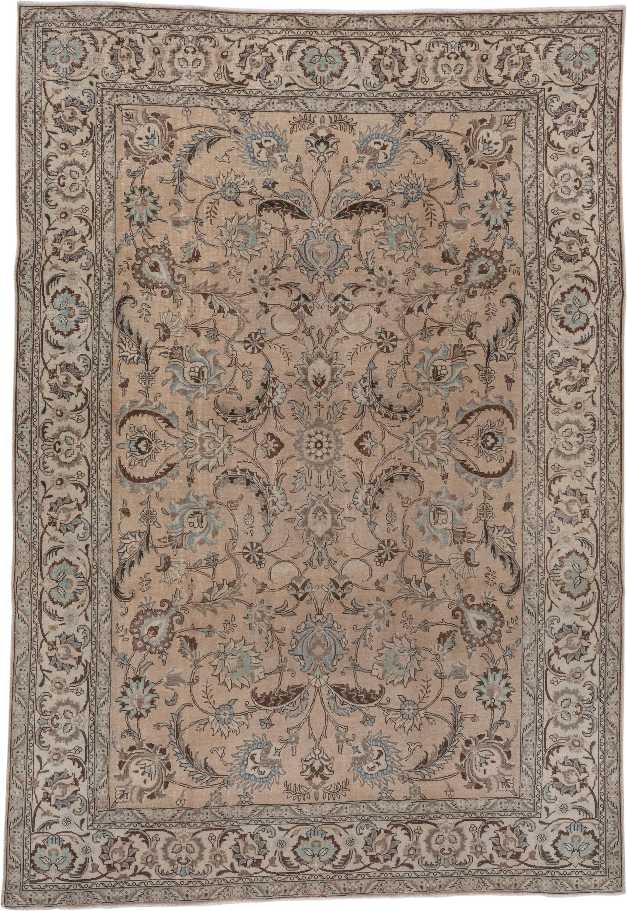 7' x 10' one-of-a-kind handmade vintage Tabriz large size rug. Color palette: beige, ivory, taupe, pale blue, brown, camel