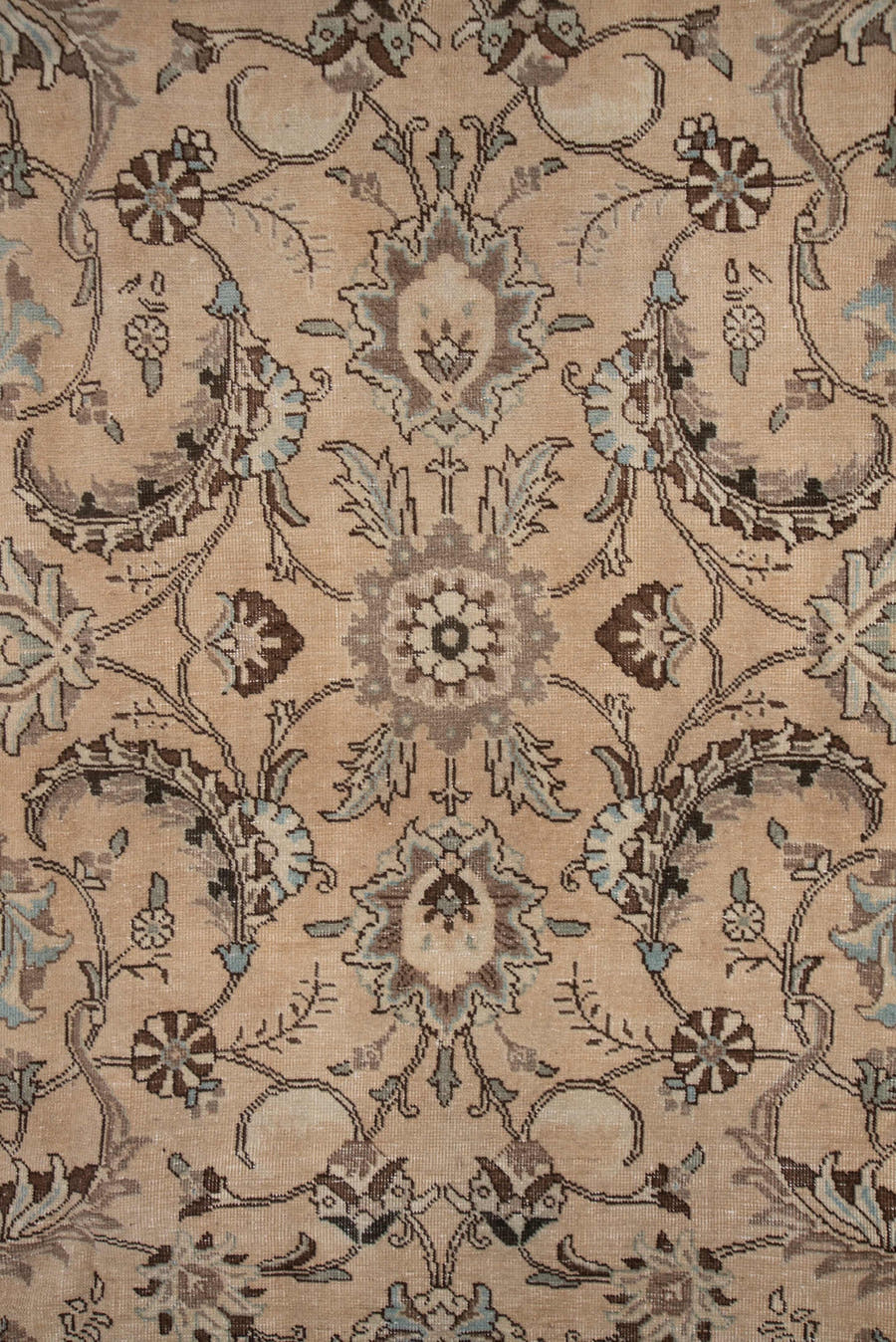 7' x 10' one-of-a-kind handmade vintage Tabriz large size rug. Color palette: beige, ivory, taupe, pale blue, brown, camel