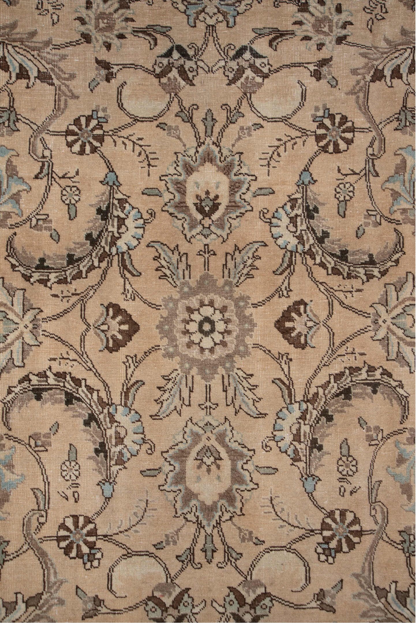 7' x 10' one-of-a-kind handmade vintage Tabriz large size rug. Color palette: beige, ivory, taupe, pale blue, brown, camel