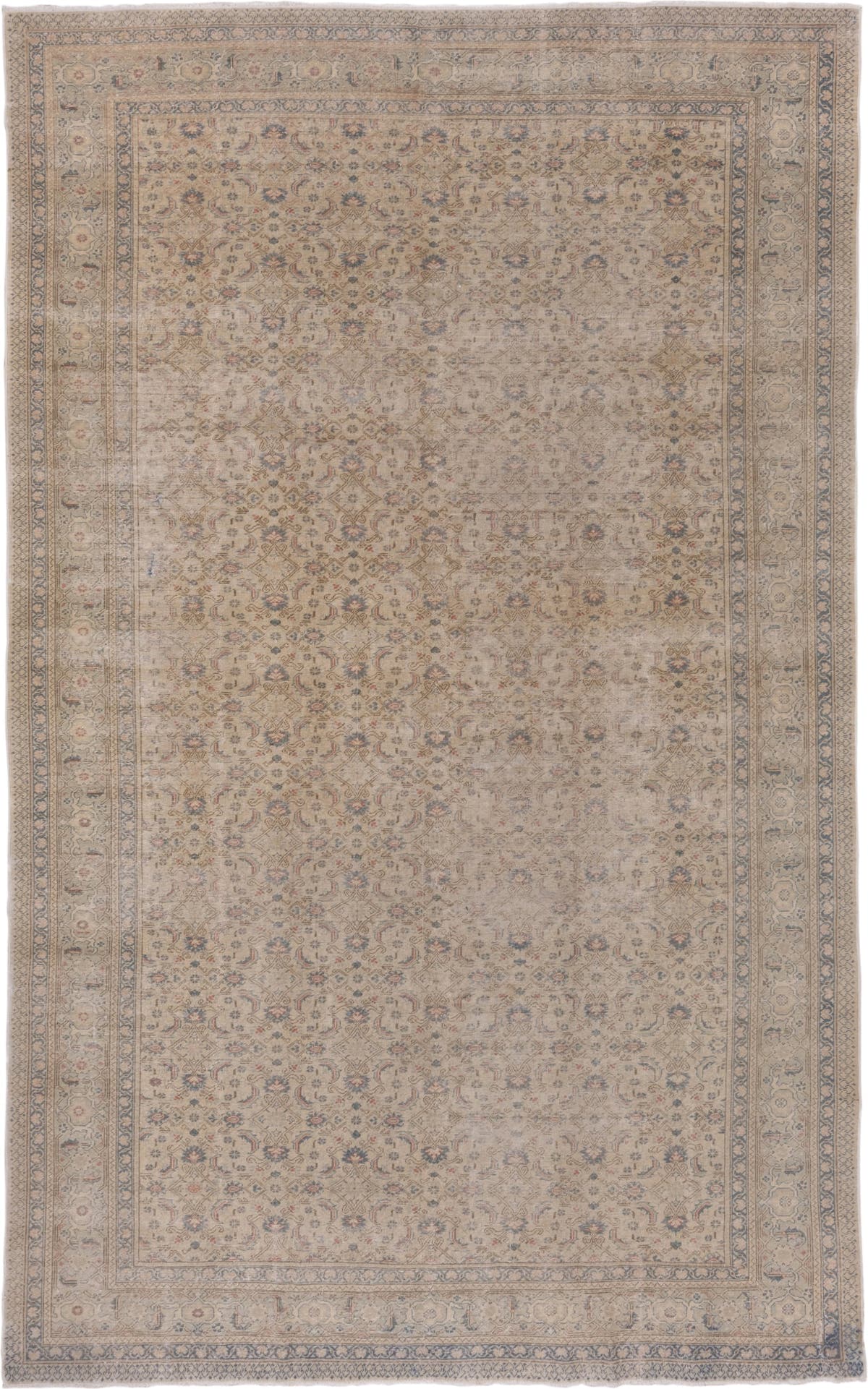 7' x 12' one-of-a-kind handmade vintage Kaisary large size rug. Color palette: ivory, beige, slate, taupe, dusty blue, rust