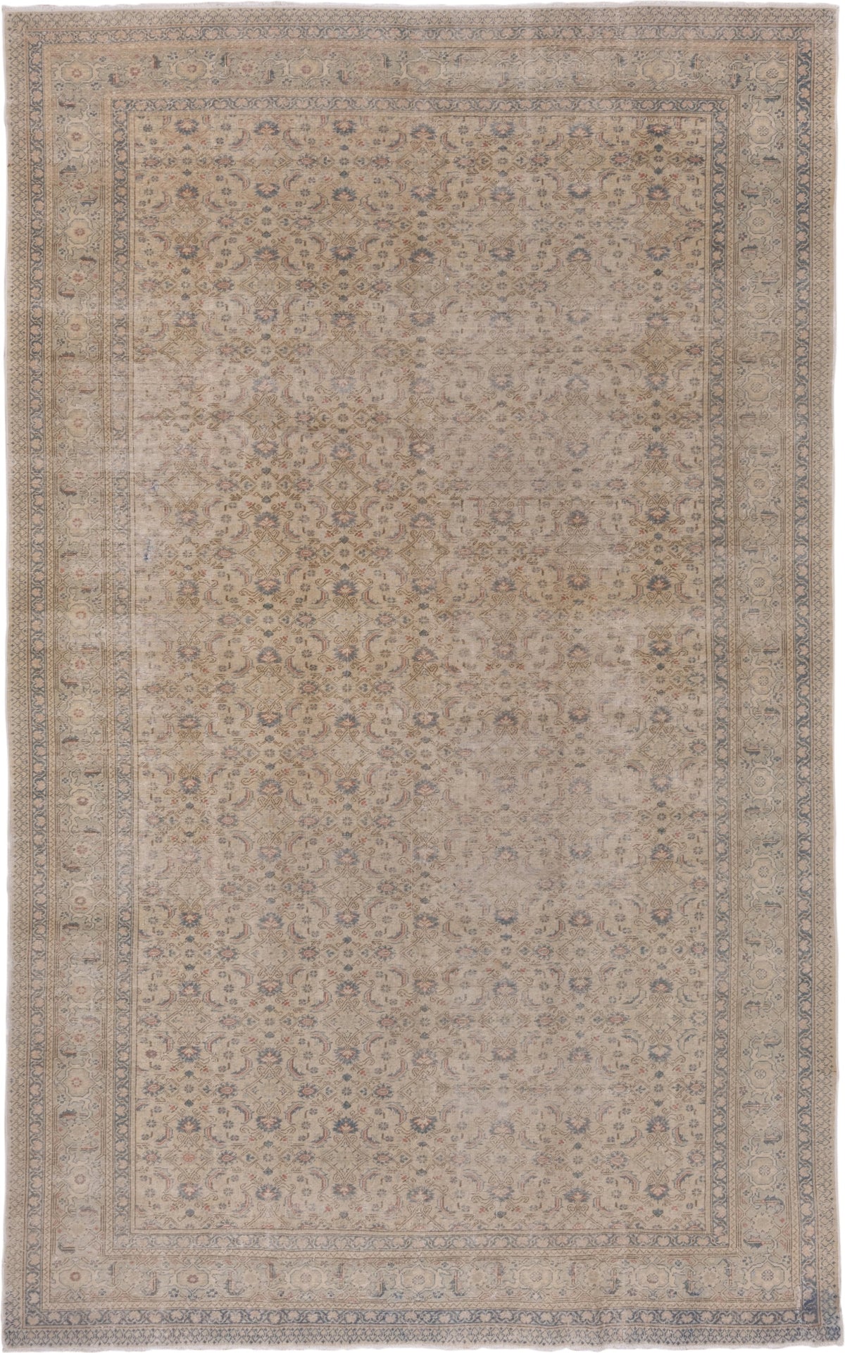 7' x 12' one-of-a-kind handmade vintage Kaisary large size rug. Color palette: ivory, beige, slate, taupe, dusty blue, rust