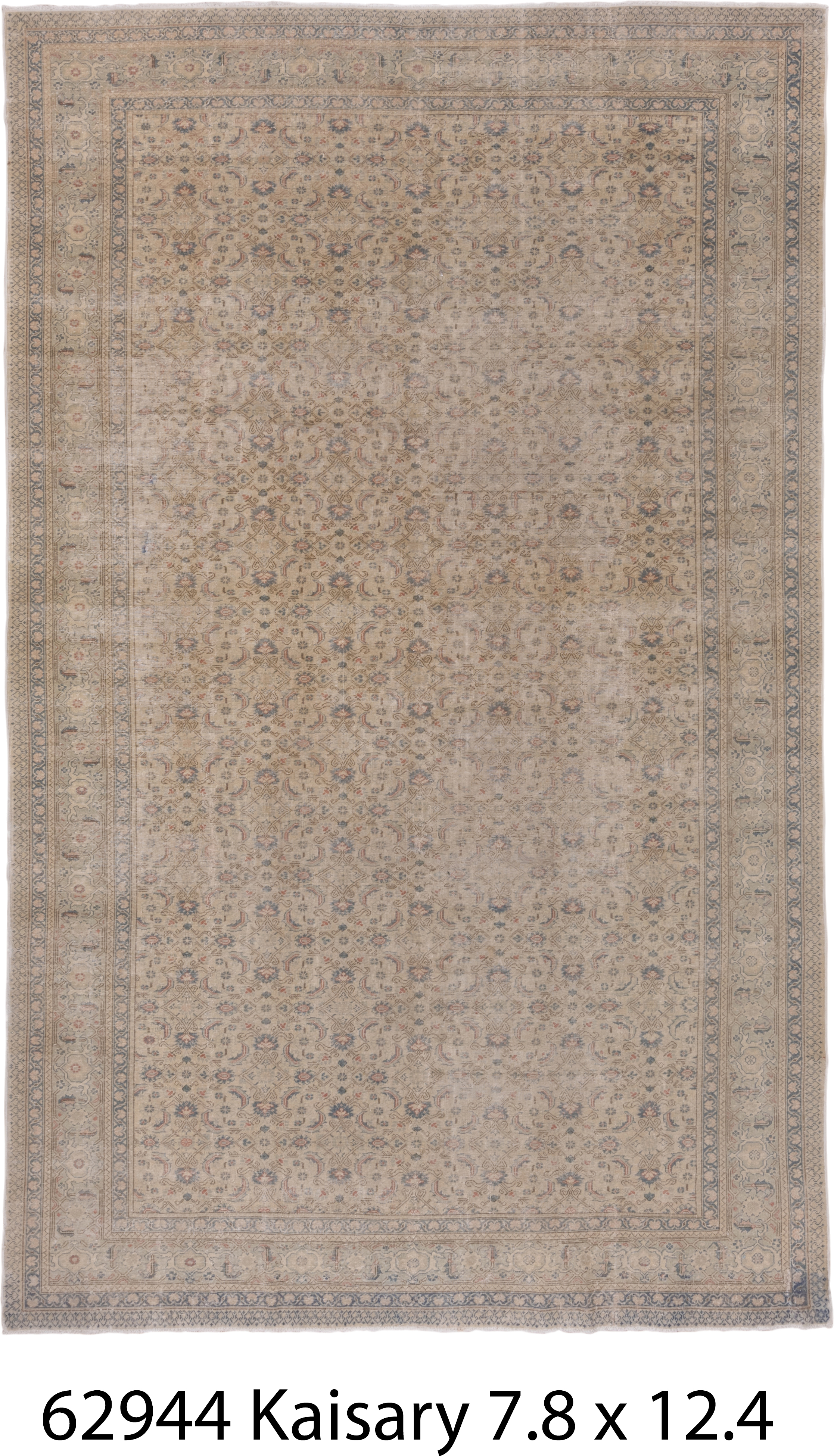 7' x 12' one-of-a-kind handmade vintage Kaisary large size rug. Color palette: ivory, beige, slate, taupe, dusty blue, rust