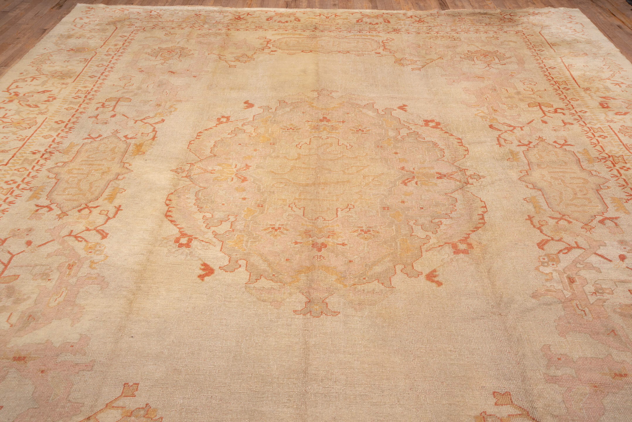 11' x 14' one-of-a-kind handmade antique Oushak oversize rug. Color palette: ivory, beige, blush, peach, taupe, sand