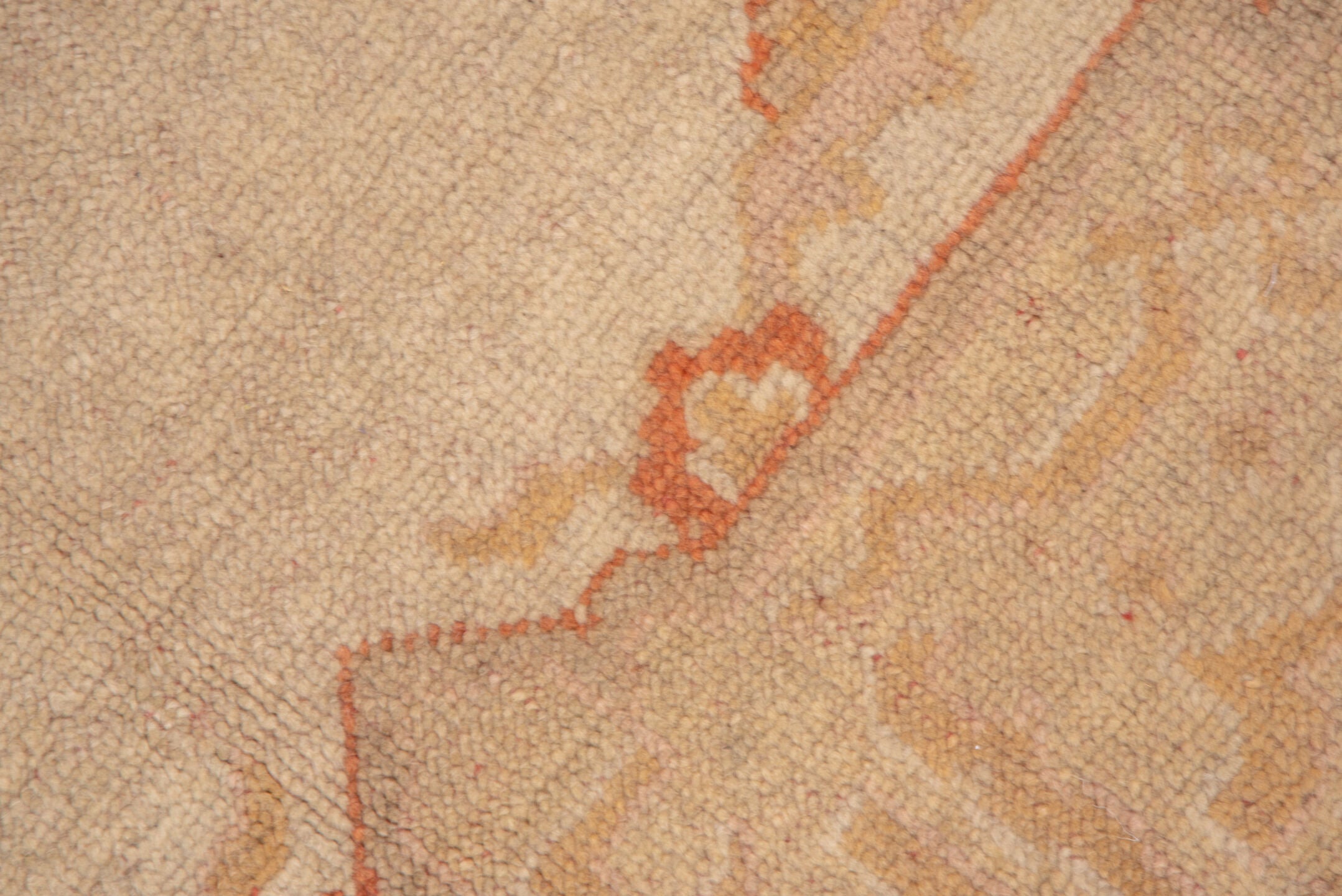 11' x 14' one-of-a-kind handmade vintage Oushak oversize rug. Color palette: bisque, brown, burlywood, off-white, orange