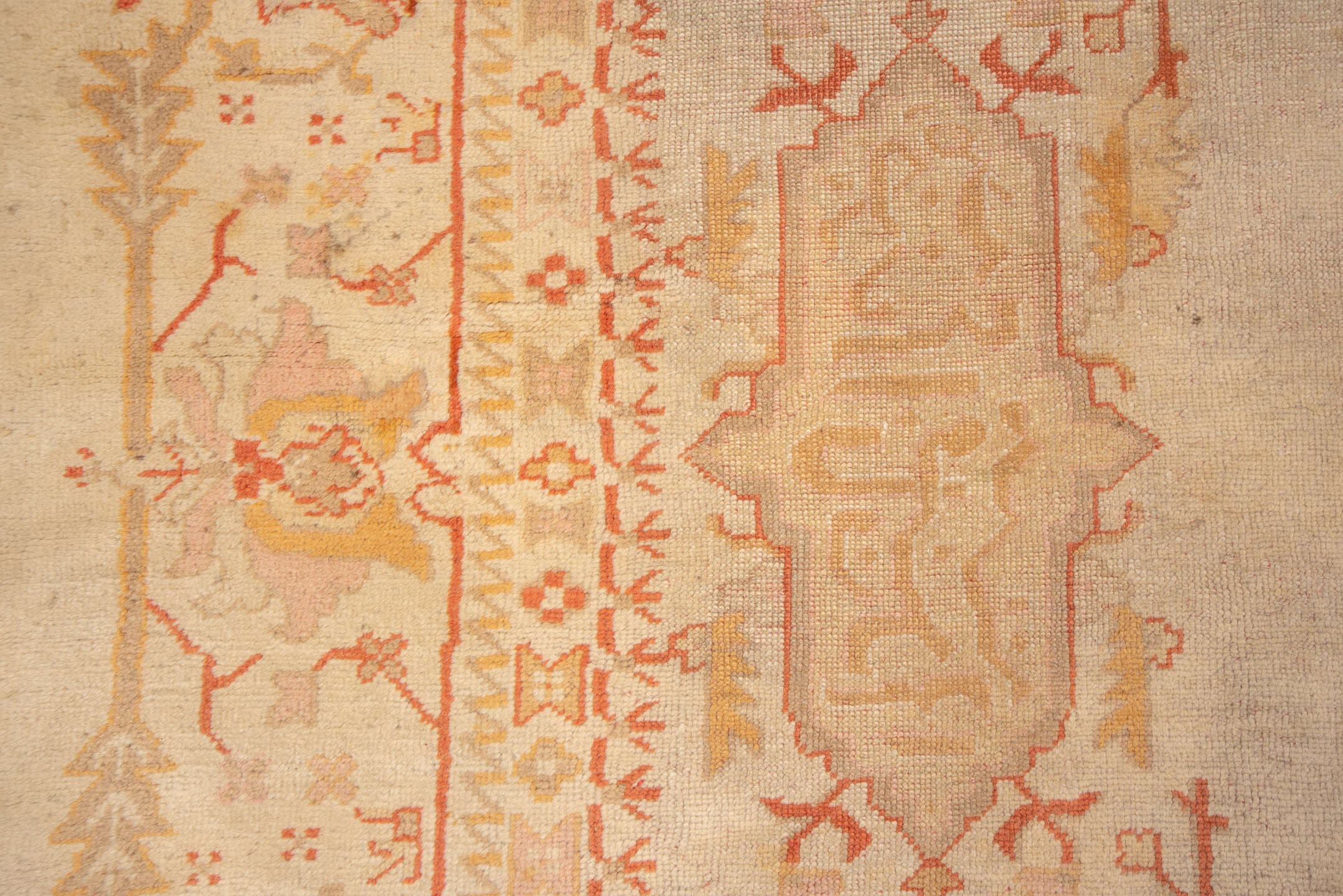 11' x 14' one-of-a-kind handmade antique Oushak oversize rug. Color palette: ivory, beige, blush, peach, taupe, sand