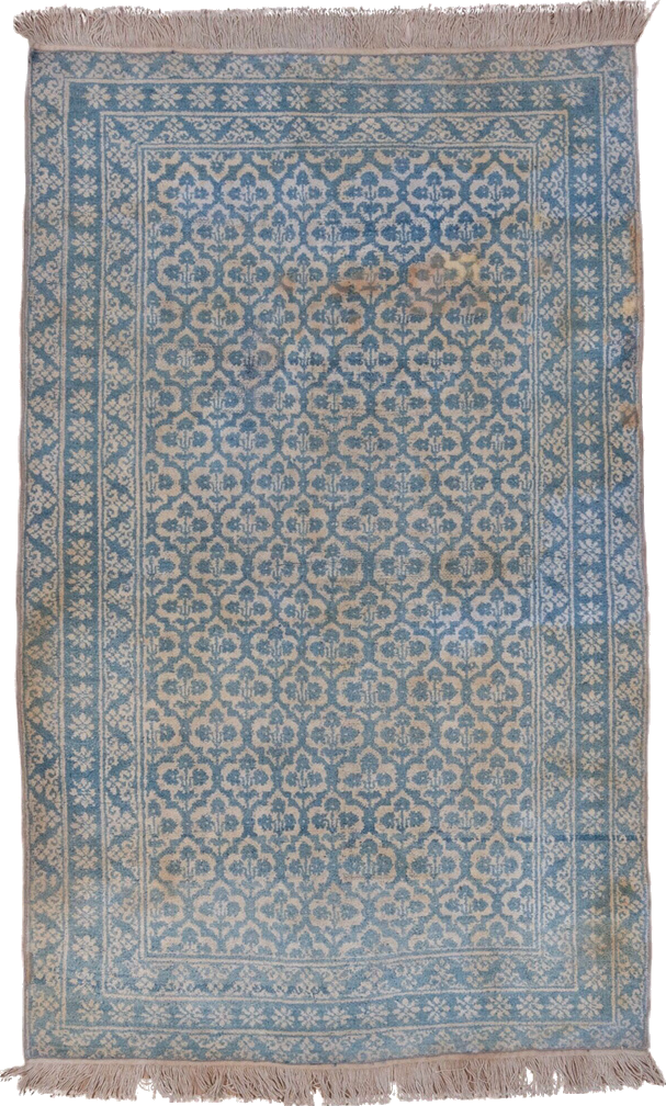 3' x 6' one-of-a-kind handmade vintage Cotton Agra small size rug. Color palette: blue, dark gray, dim gray, gray