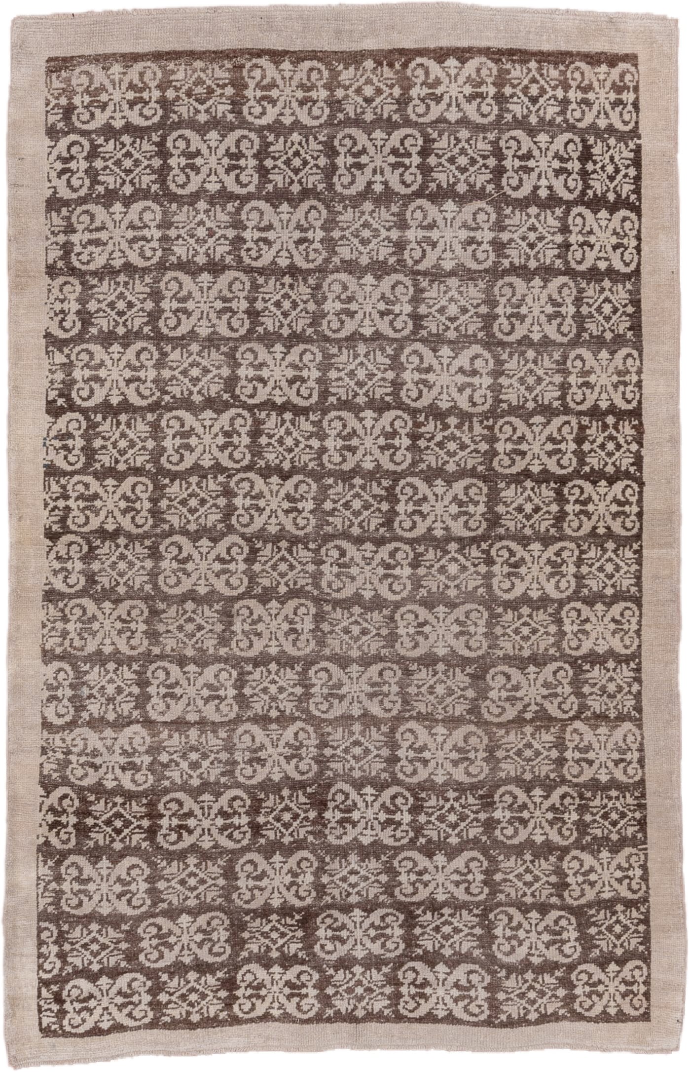 4' x 6' one-of-a-kind handmade vintage Tulu small size rug. Color palette: taupe, ivory, beige, brown, gray