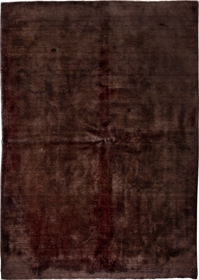 6' x 9' one-of-a-kind handmade vintage Overdyed medium size rug. Color palette: black, brown, gray, off-white, redwood, snow