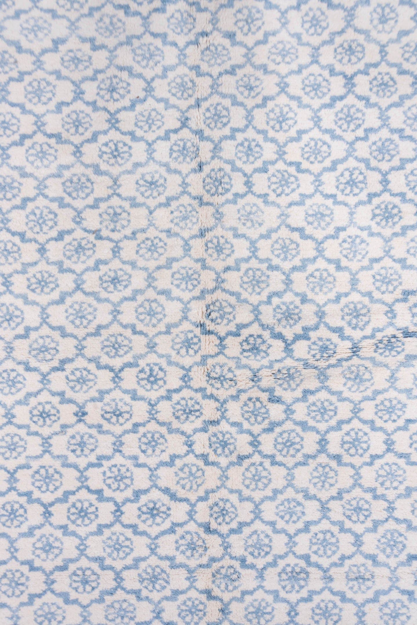 6' x 9' one-of-a-kind handmade vintage Cotton Agra medium size rug. Color palette: ivory, sky blue, powder blue, light blue