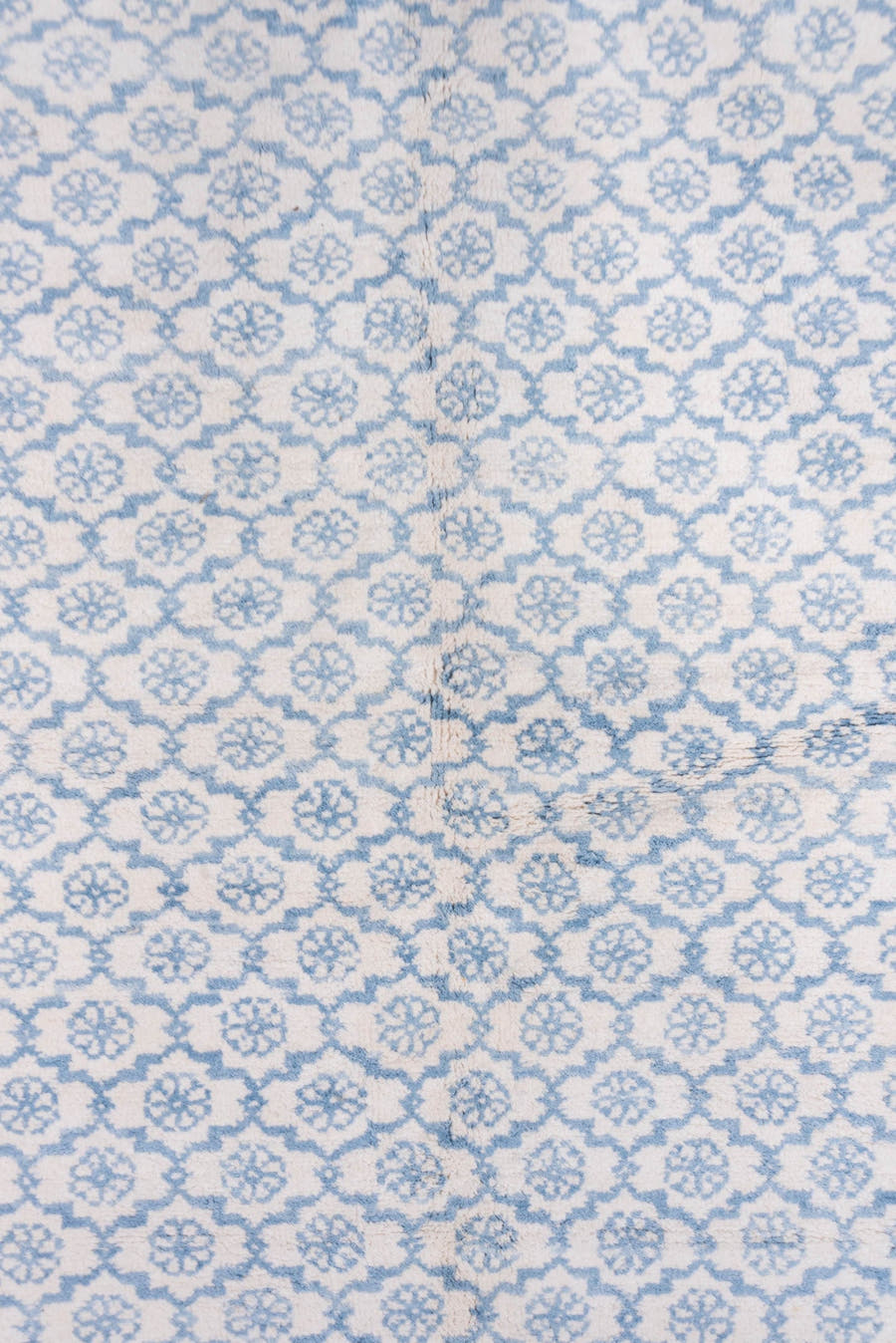 6' x 9' one-of-a-kind handmade vintage Cotton Agra medium size rug. Color palette: ivory, sky blue, powder blue, light blue