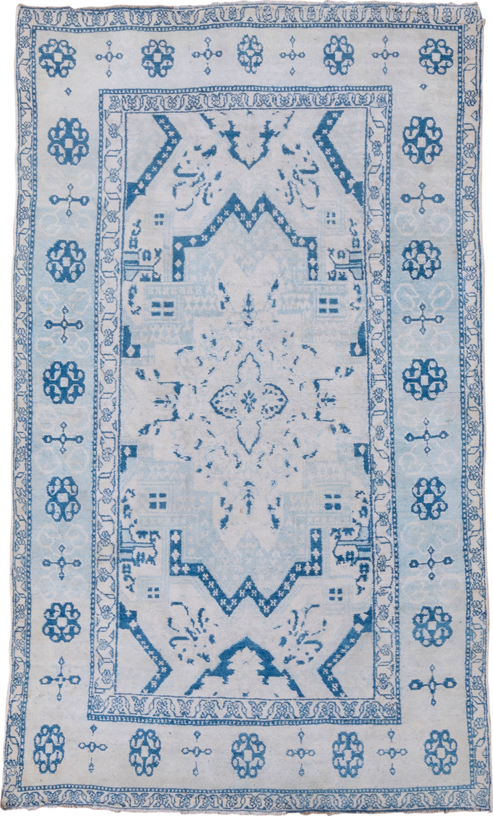 4' x 7' one-of-a-kind handmade vintage Cotton Agra rug. Color palette: blue, gray, light blue, light gray, light slate gray