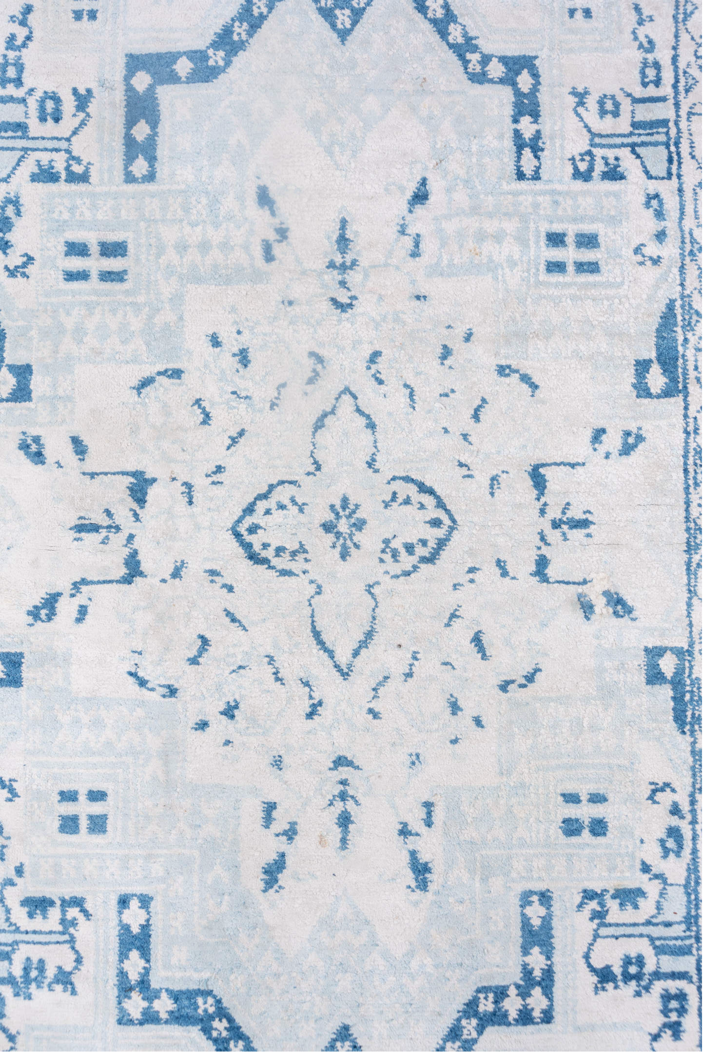 4' x 7' one-of-a-kind handmade vintage Cotton Agra rug. Color palette: ivory, sky blue, powder blue, denim blue, light blue