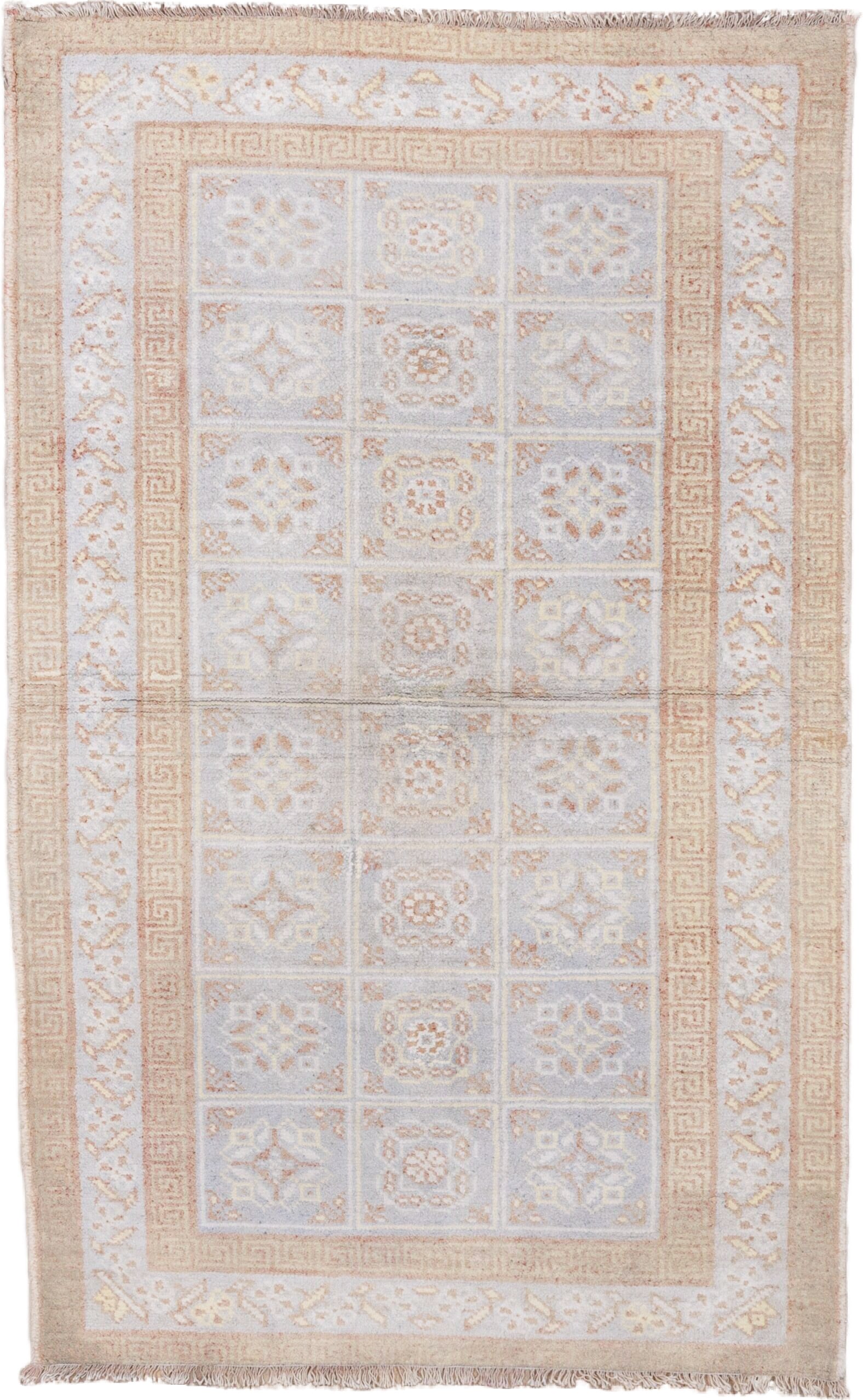 4' x 6' one-of-a-kind handmade vintage Cotton Agra small size rug. Color palette: ivory, peach, pale blue, beige, taupe