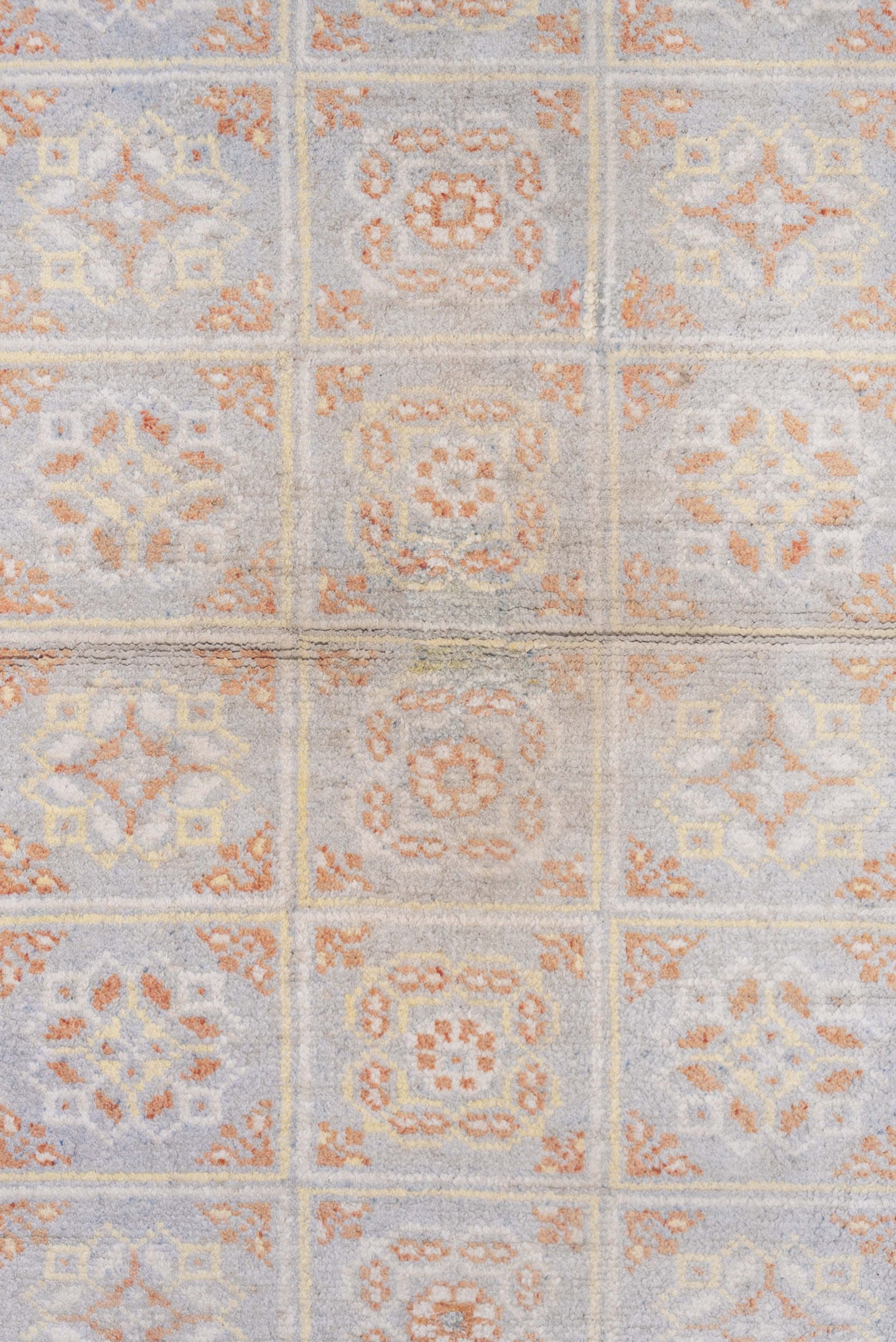 4' x 6' one-of-a-kind handmade vintage Cotton Agra small size rug. Color palette: ivory, peach, pale blue, beige, taupe