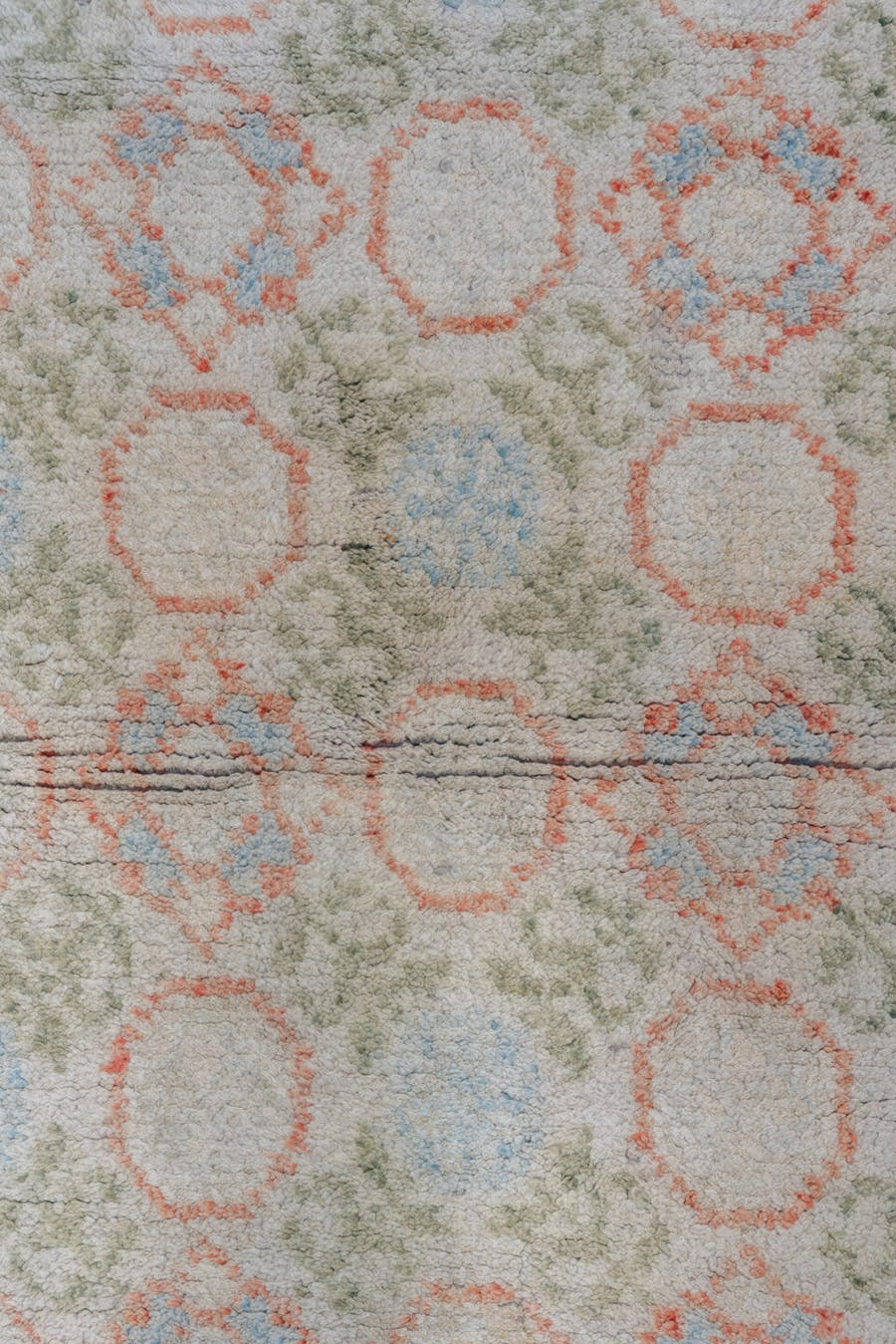4' x 6' one-of-a-kind handmade vintage Cotton Agra small size rug. Color palette: ivory, sage, coral, pale blue, taupe