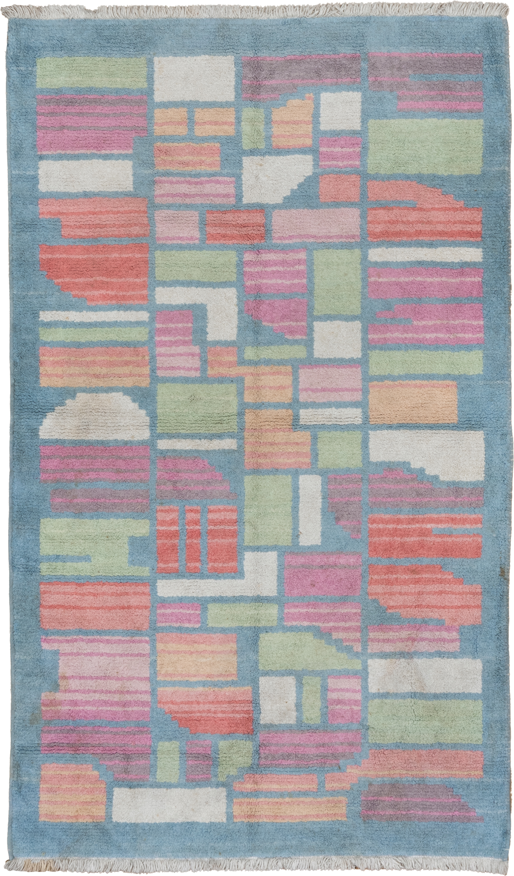 3' x 5' one-of-a-kind handmade vintage Cotton Agra small size rug. Color palette: sky blue, pink, ivory, sage, coral