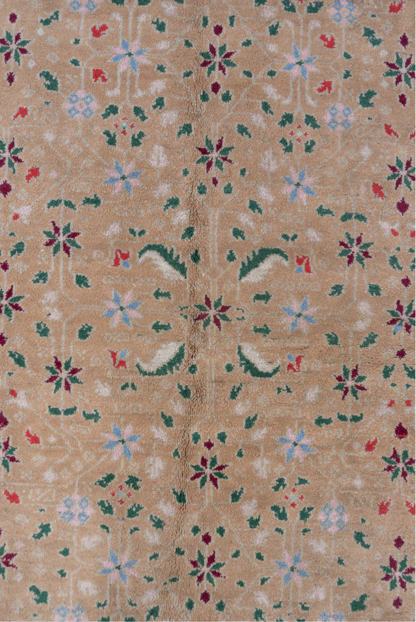 6' x 8' one-of-a-kind handmade vintage Agra medium size rug. Color palette: camel, ivory, sage, sky_blue, burgundy, rose