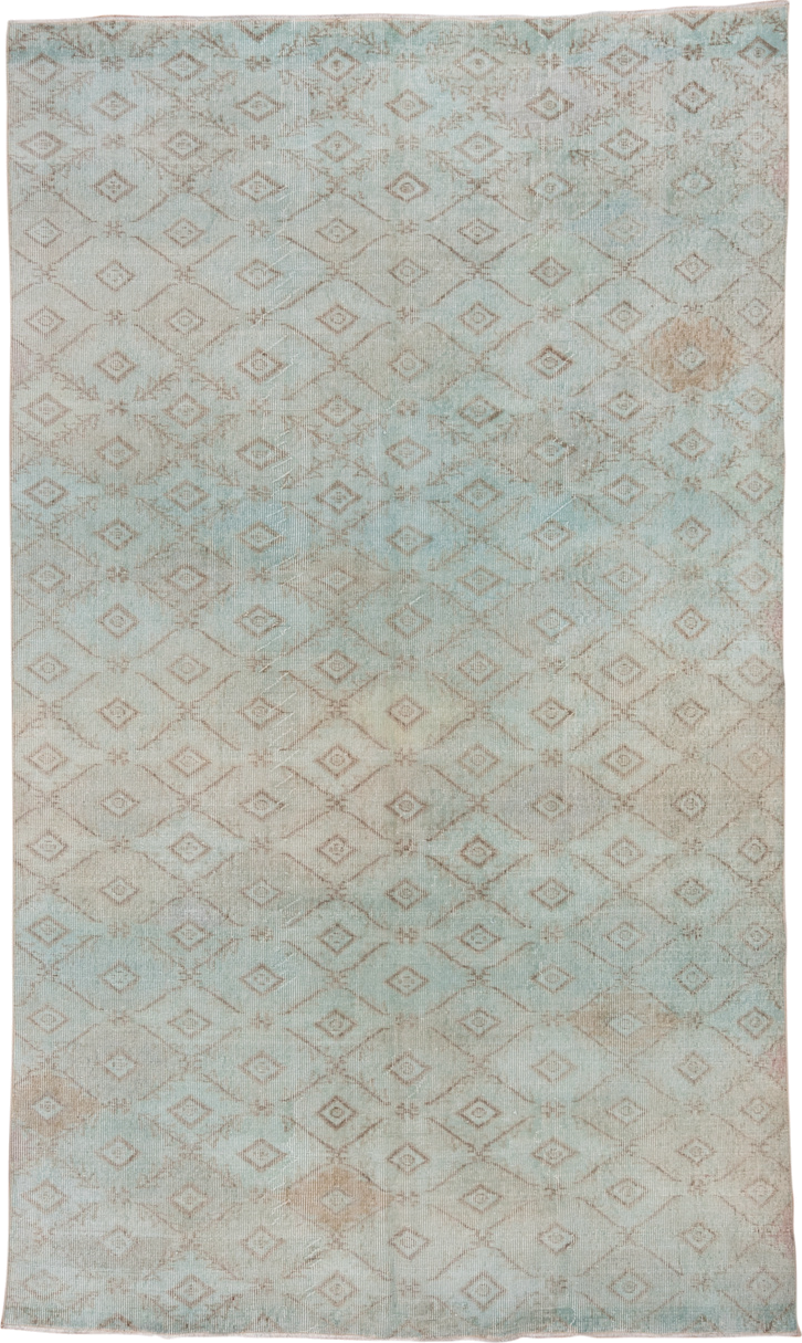 6' x 9' one-of-a-kind handmade vintage Overdyed medium size rug. Color palette: aqua, ivory, taupe, beige, teal, gray