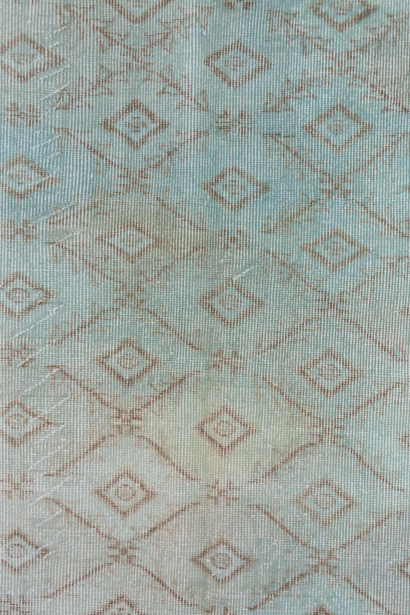 6' x 9' one-of-a-kind handmade vintage Overdyed medium size rug. Color palette: aqua, ivory, taupe, beige, teal, gray