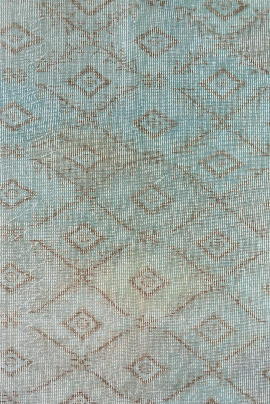 6' x 9' one-of-a-kind handmade vintage Overdyed medium size rug. Color palette: aqua, ivory, taupe, beige, teal, gray