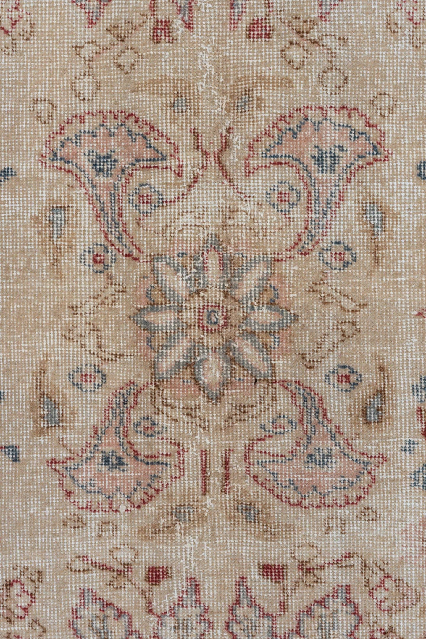 6' x 10' one-of-a-kind handmade vintage Oushak large size rug. Color palette: ivory, blush, pale blue, rust, beige, rose