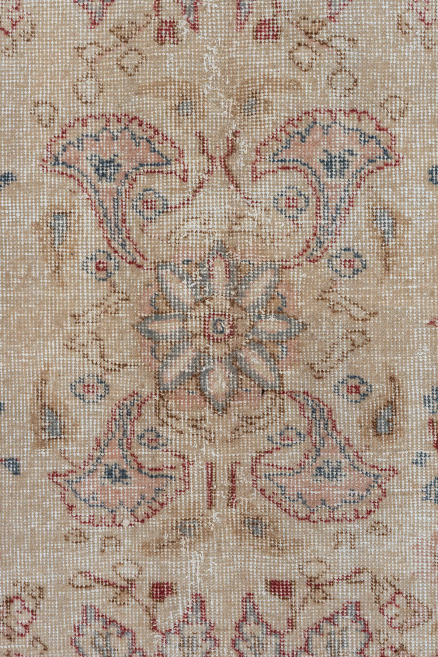 6' x 10' one-of-a-kind handmade vintage Oushak large size rug. Color palette: ivory, blush, pale blue, rust, beige, rose