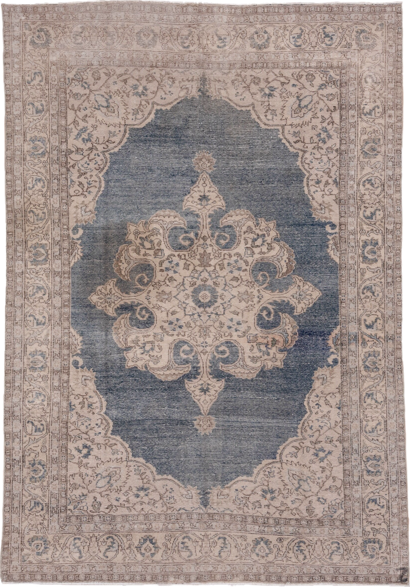 6' x 10' one-of-a-kind handmade vintage Oushak large size rug. Color palette: blue, ivory, taupe, beige, slate, gray