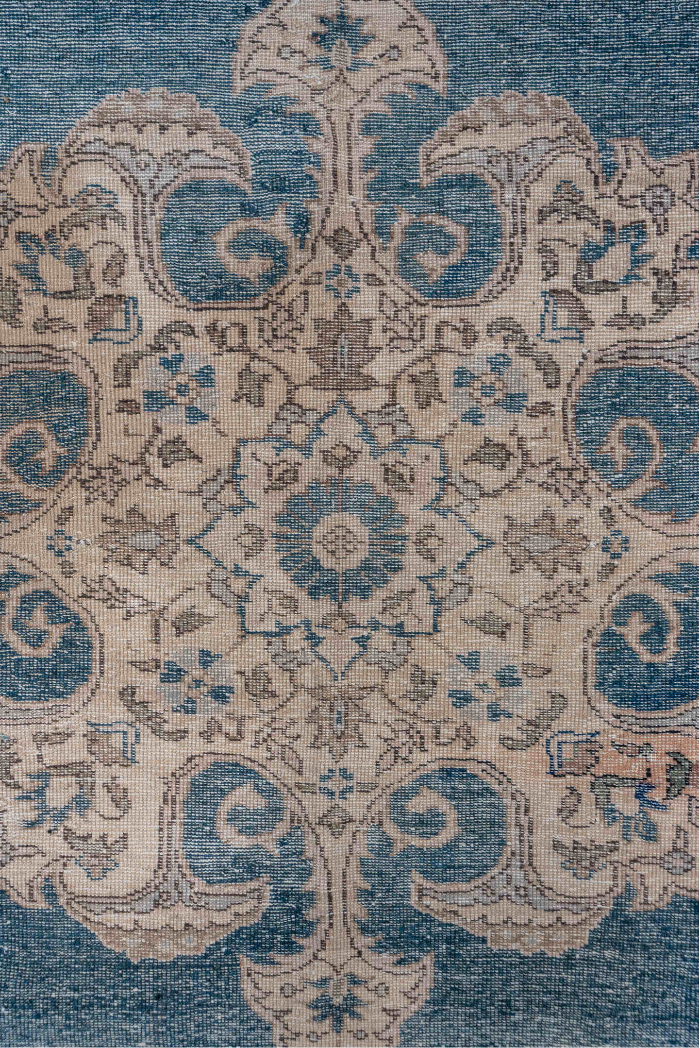 6' x 10' one-of-a-kind handmade vintage Oushak large size rug. Color palette: blue, ivory, taupe, beige, slate, gray