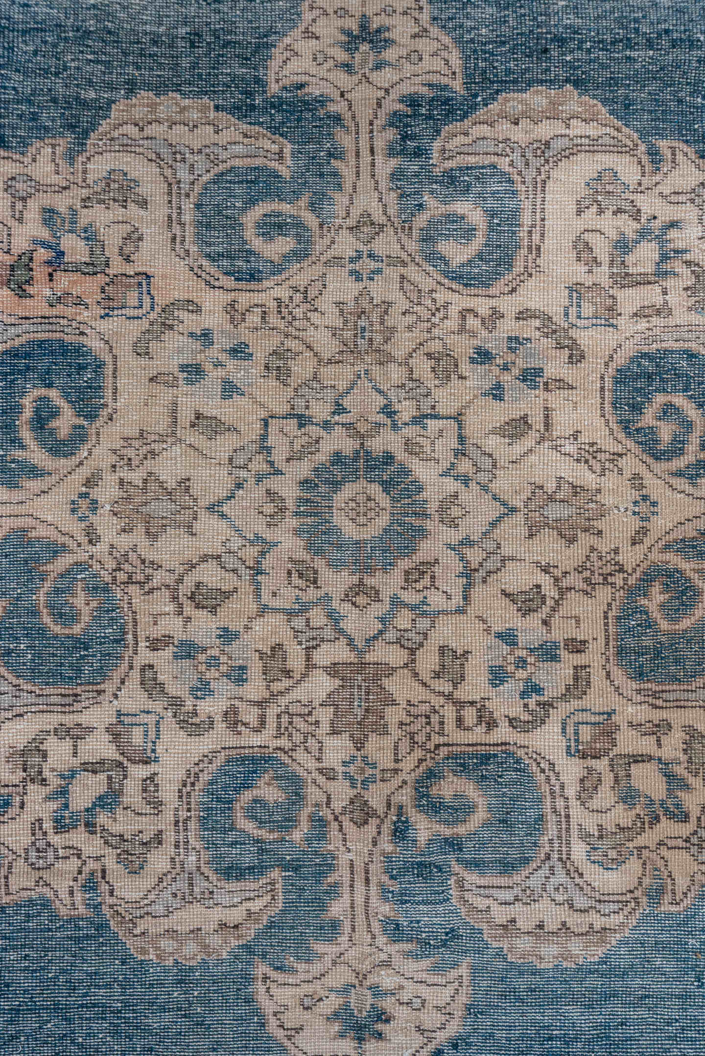 6' x 10' one-of-a-kind handmade vintage Oushak large size rug. Color palette: blue, ivory, taupe, beige, slate, gray