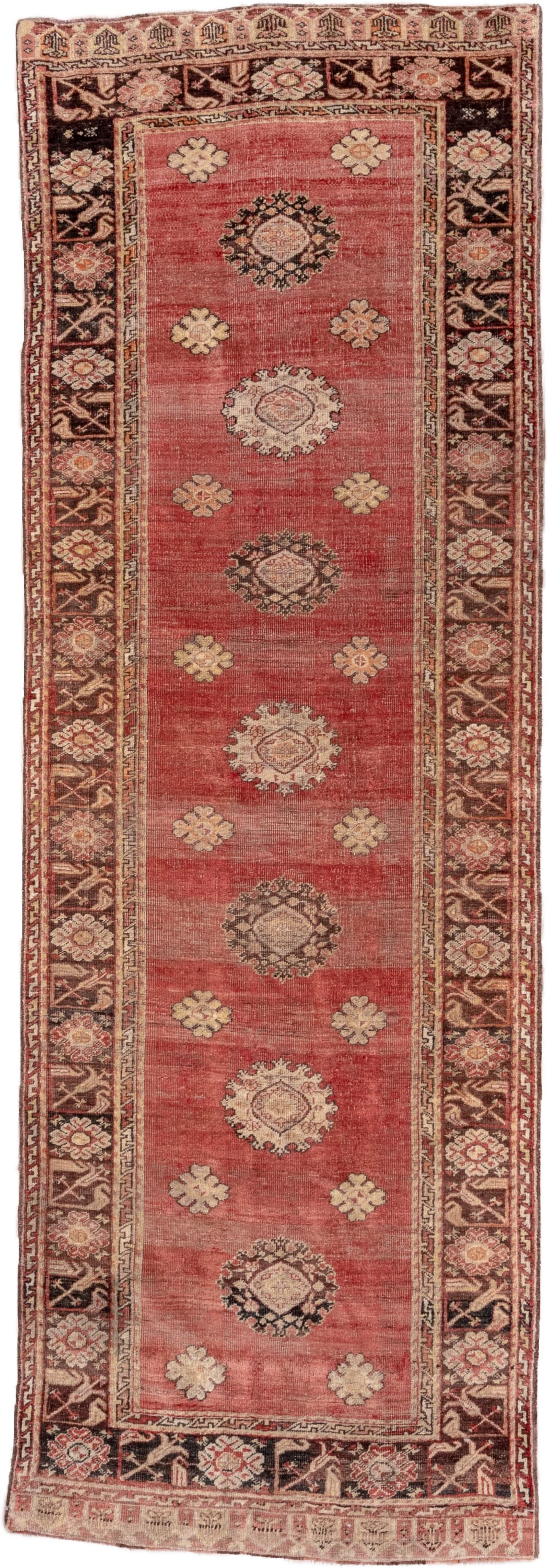 3' x 11' one-of-a-kind handmade vintage Oushak runner rug. Color palette: rose, burgundy, ivory, blush, charcoal, taupe