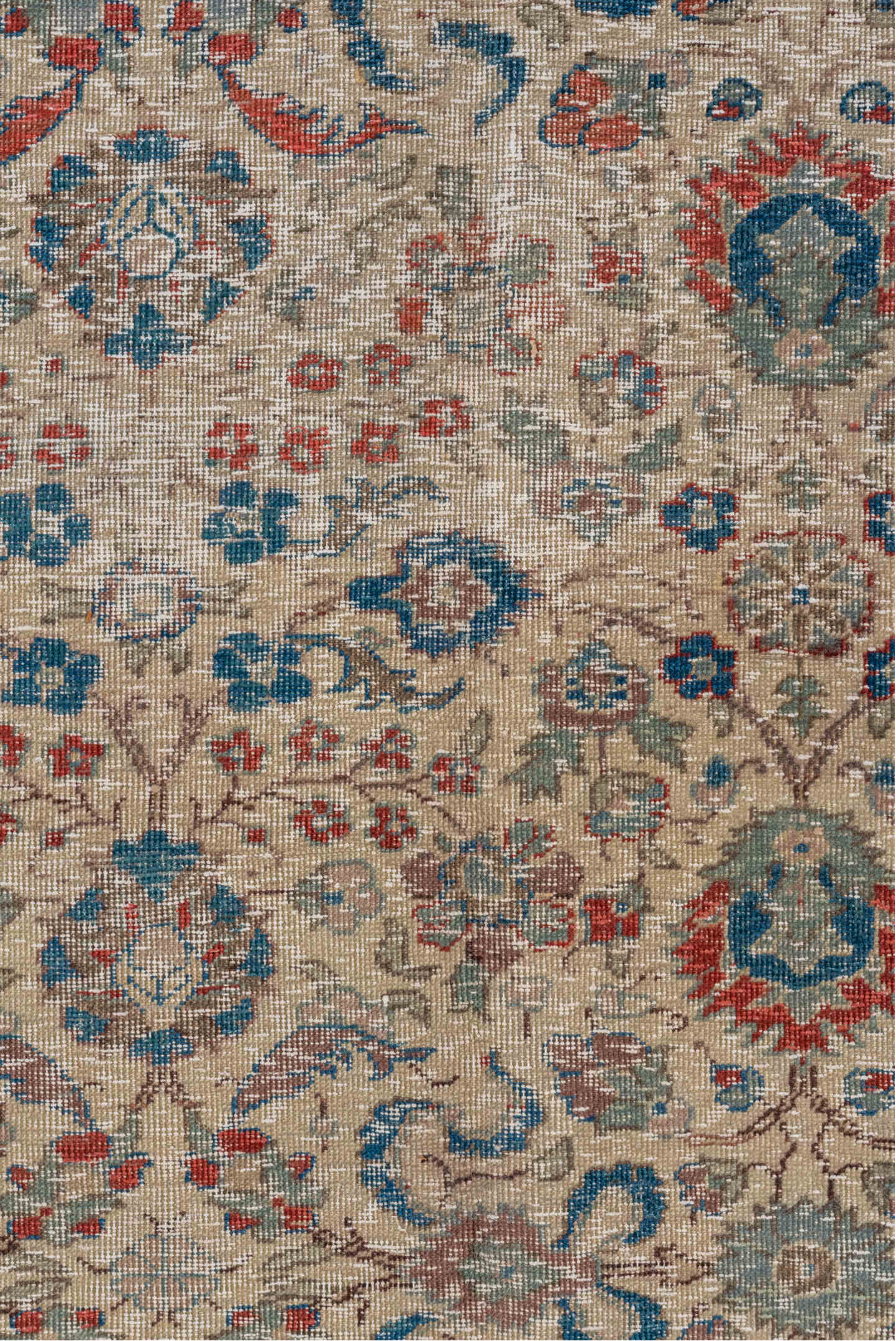 5' x 7' one-of-a-kind handmade vintage Kaisary rug. Color palette: ivory, rust, blue, slate, taupe, camel, terracotta, brown