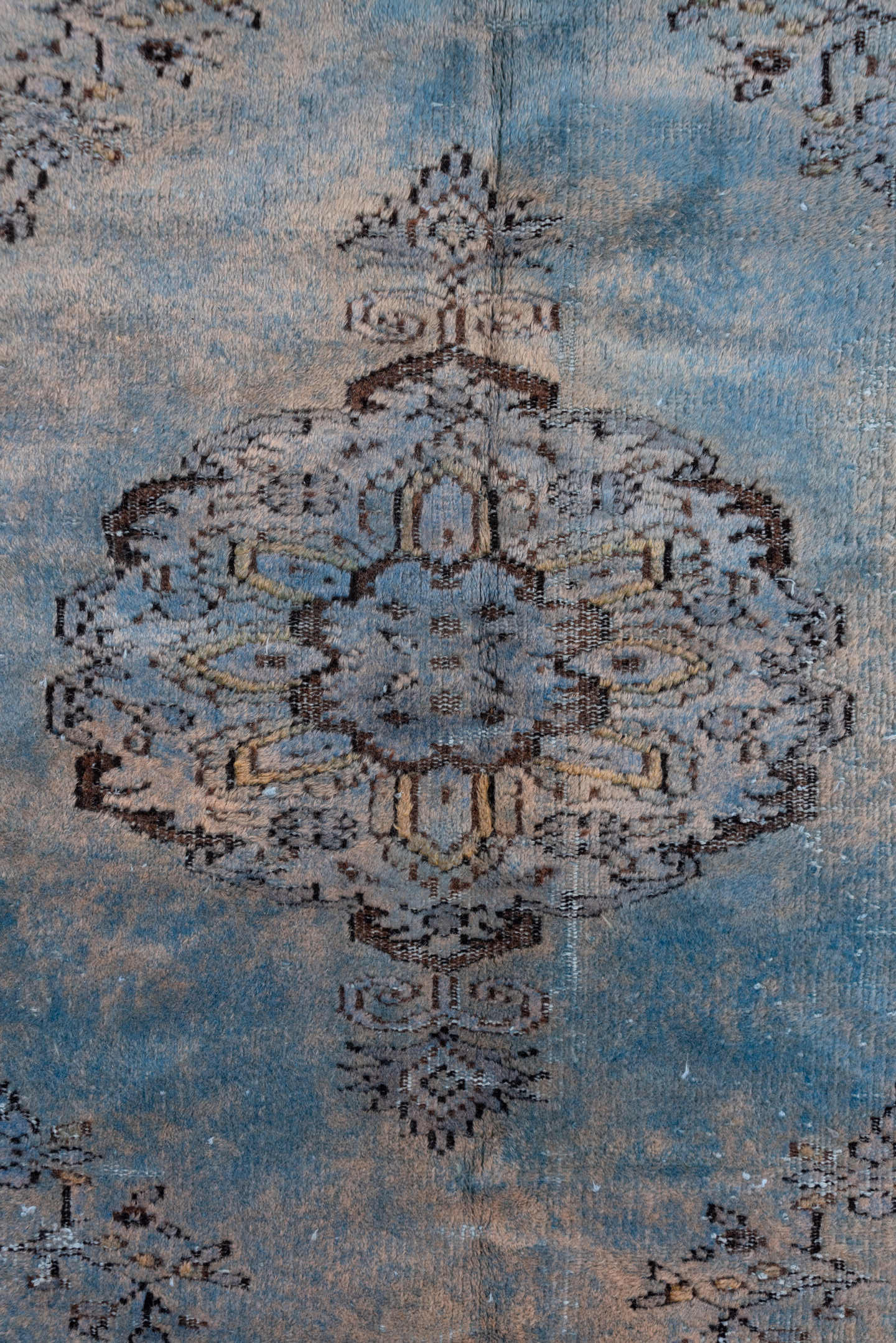 6' x 9' one-of-a-kind handmade vintage Overdyed medium size rug. Color palette: sky blue, slate, taupe, charcoal, ivory