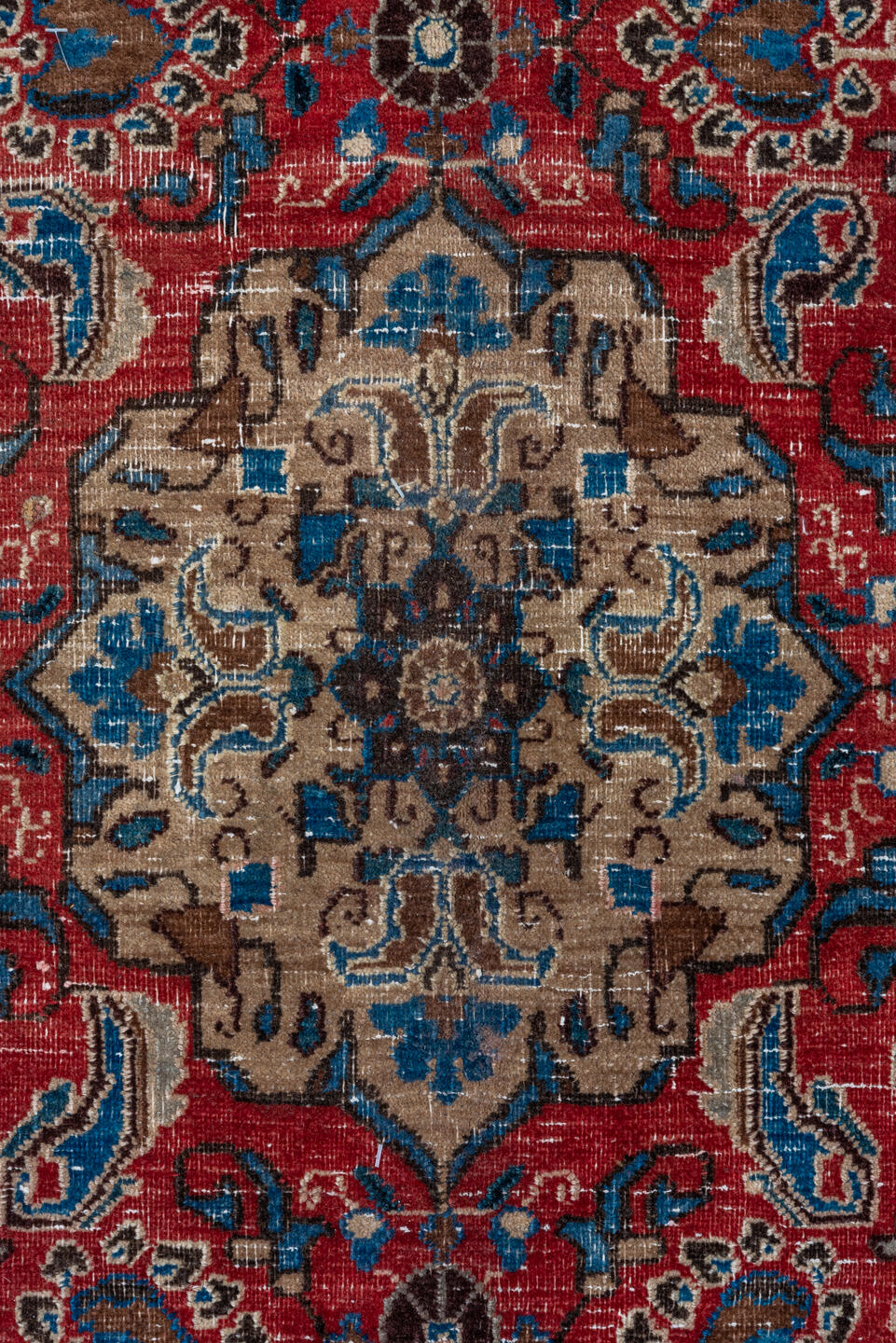 9' x 12' one-of-a-kind handmade vintage Sivas large size rug. Color palette: ivory, red, blue, brown, taupe, charcoal, beige