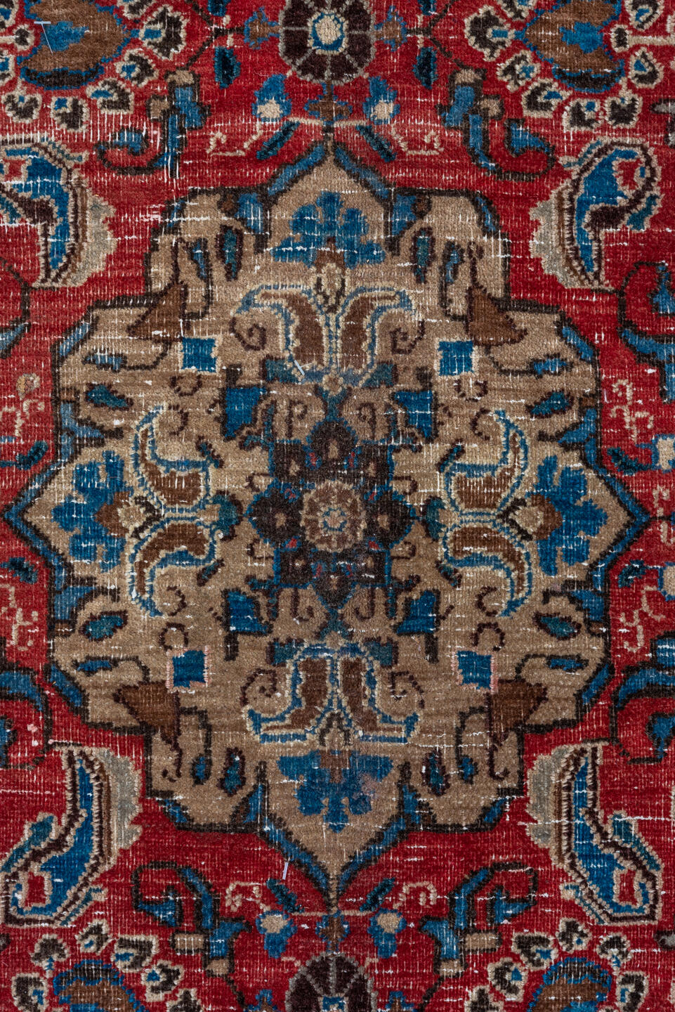 9' x 12' one-of-a-kind handmade vintage Sivas large size rug. Color palette: ivory, red, blue, brown, taupe, charcoal, beige
