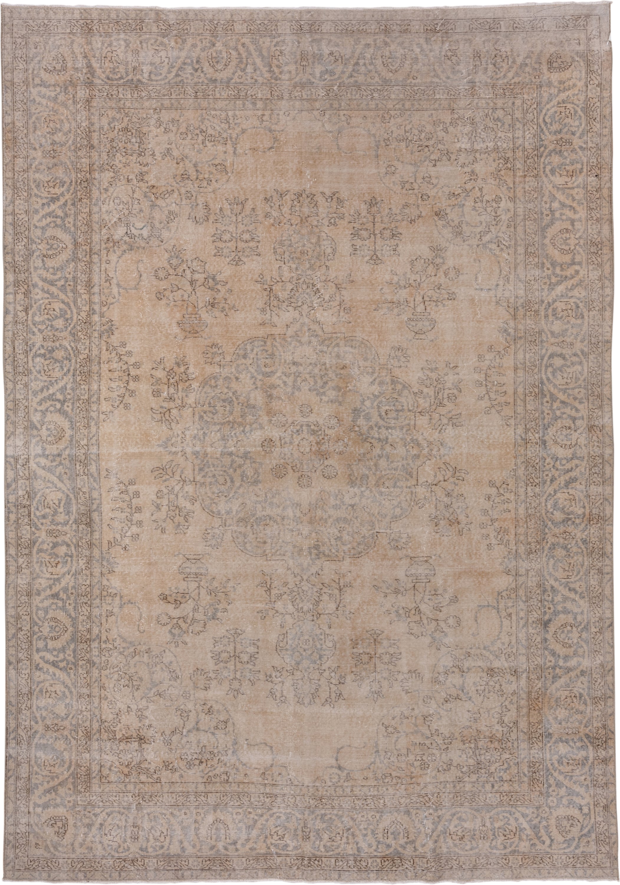 8' x 11' one-of-a-kind handmade vintage Oushak large size rug. Color palette: beige, taupe, ivory, slate, greige, gray