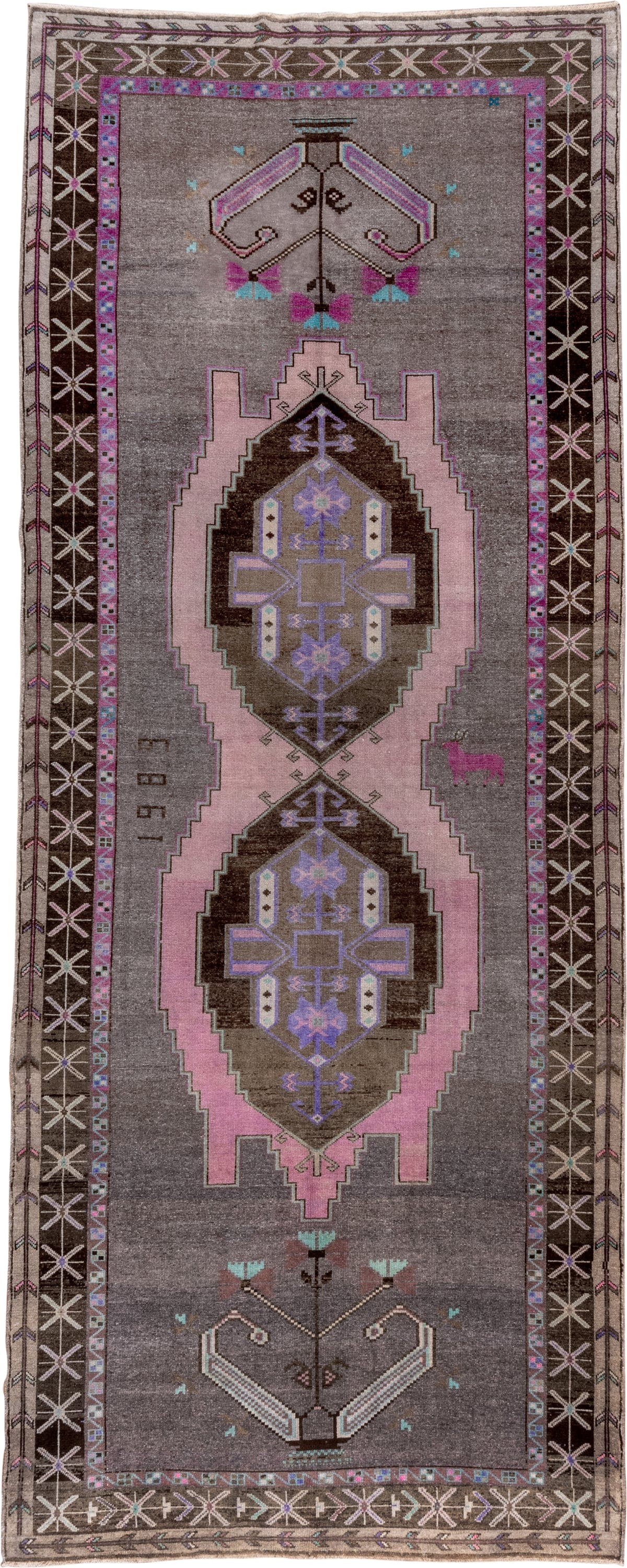 5' x 14' one-of-a-kind handmade vintage Kars rug. Color palette: taupe, brown, blush, lavender, aqua, ivory, charcoal, beige