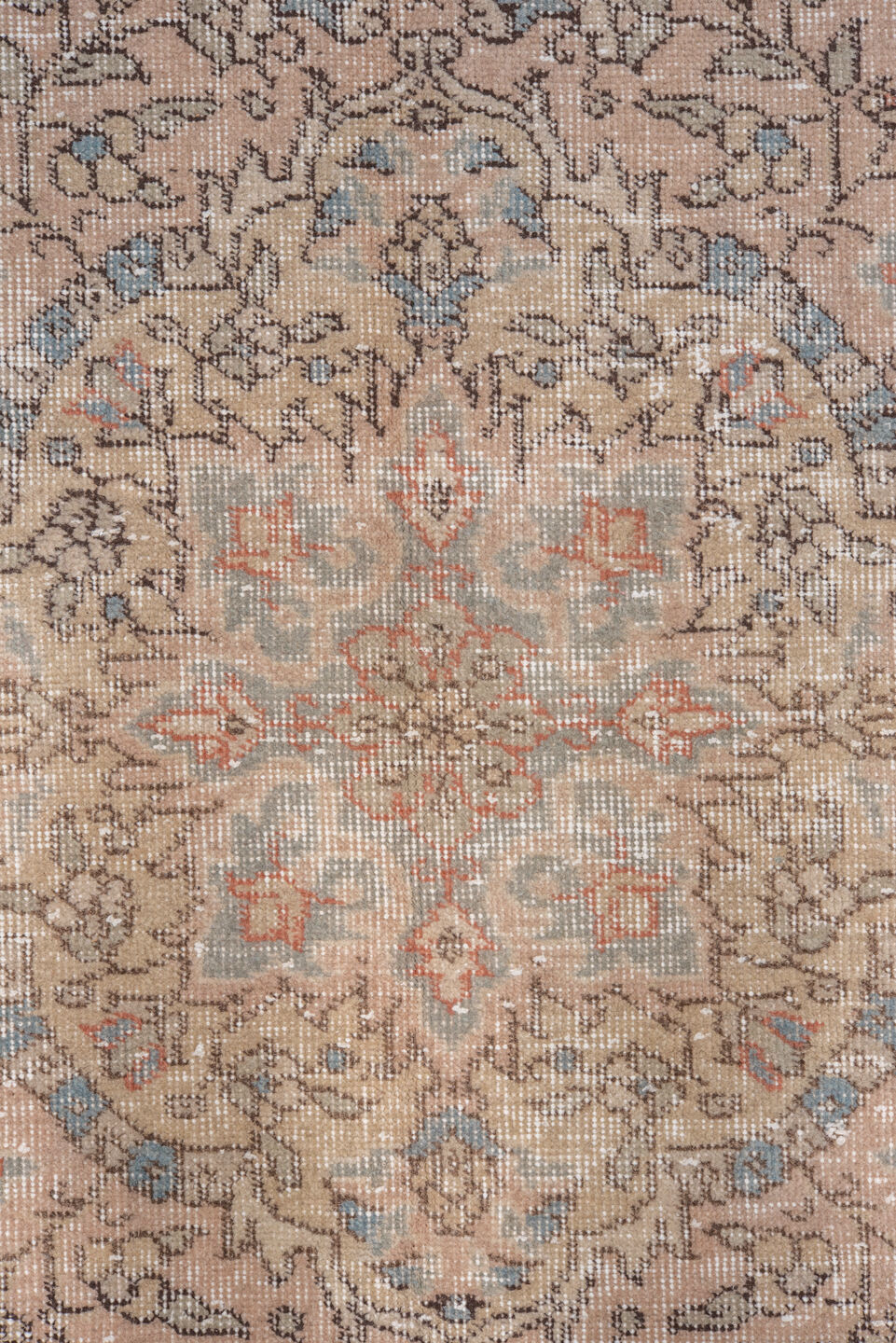8' x 11' one-of-a-kind handmade vintage Oushak large size rug. Color palette: ivory, taupe, blush, light blue, beige, camel