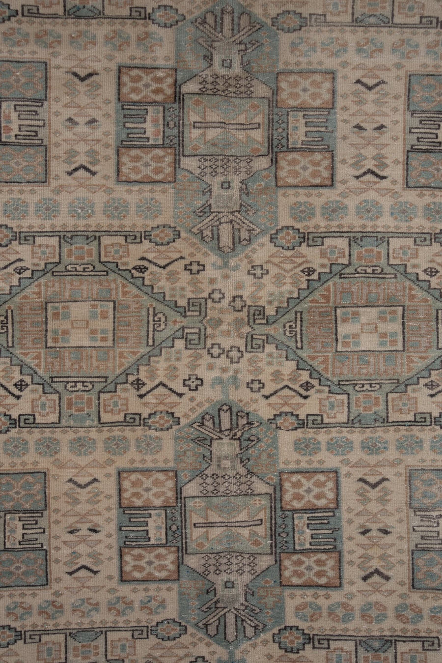 6' x 9' one-of-a-kind handmade vintage Kaisary medium size rug. Color palette: ivory, pale blue, taupe, beige, slate, camel